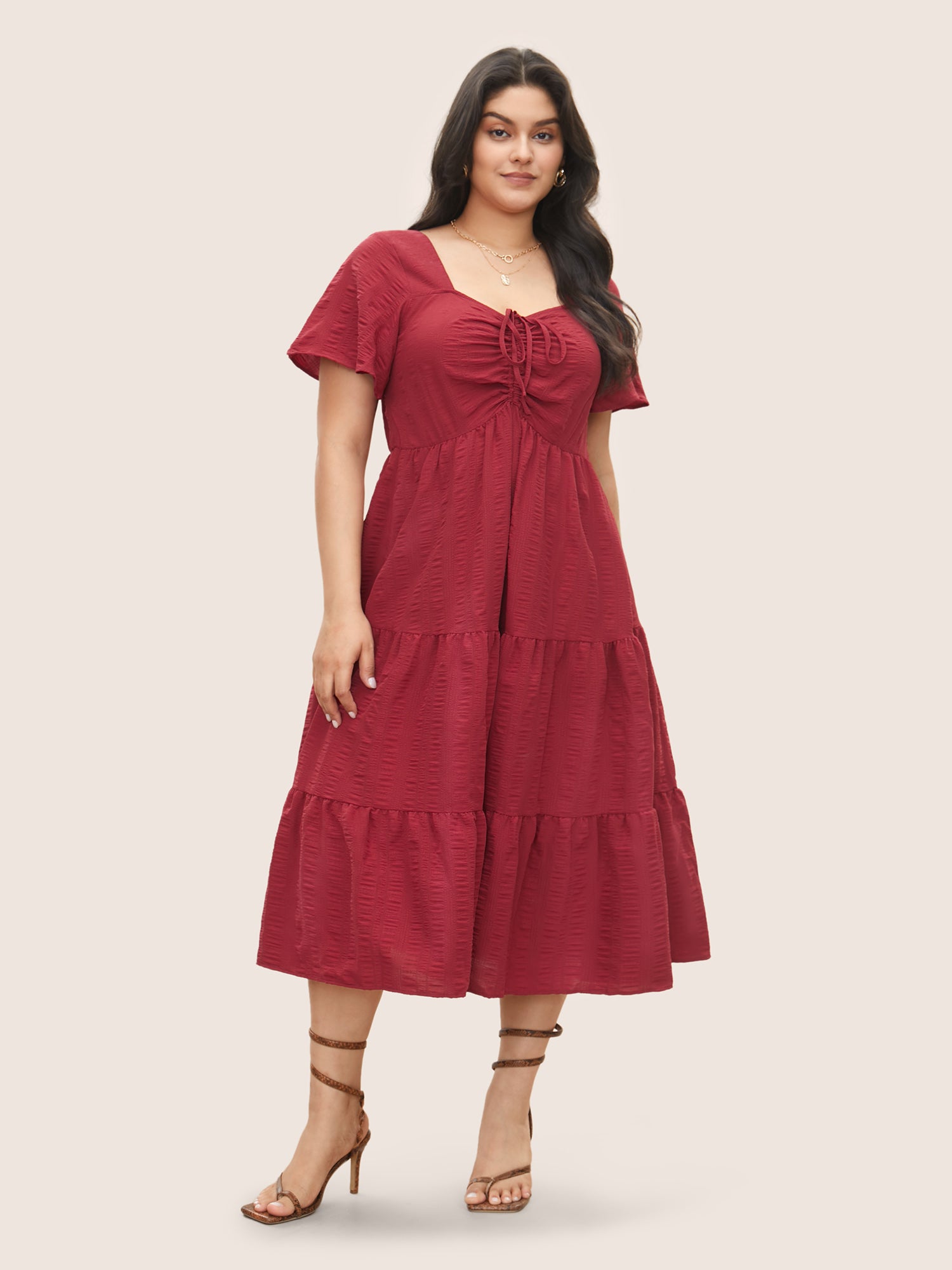 Plain Ruched Drawstring Pocket Ruffle Tiered Dress