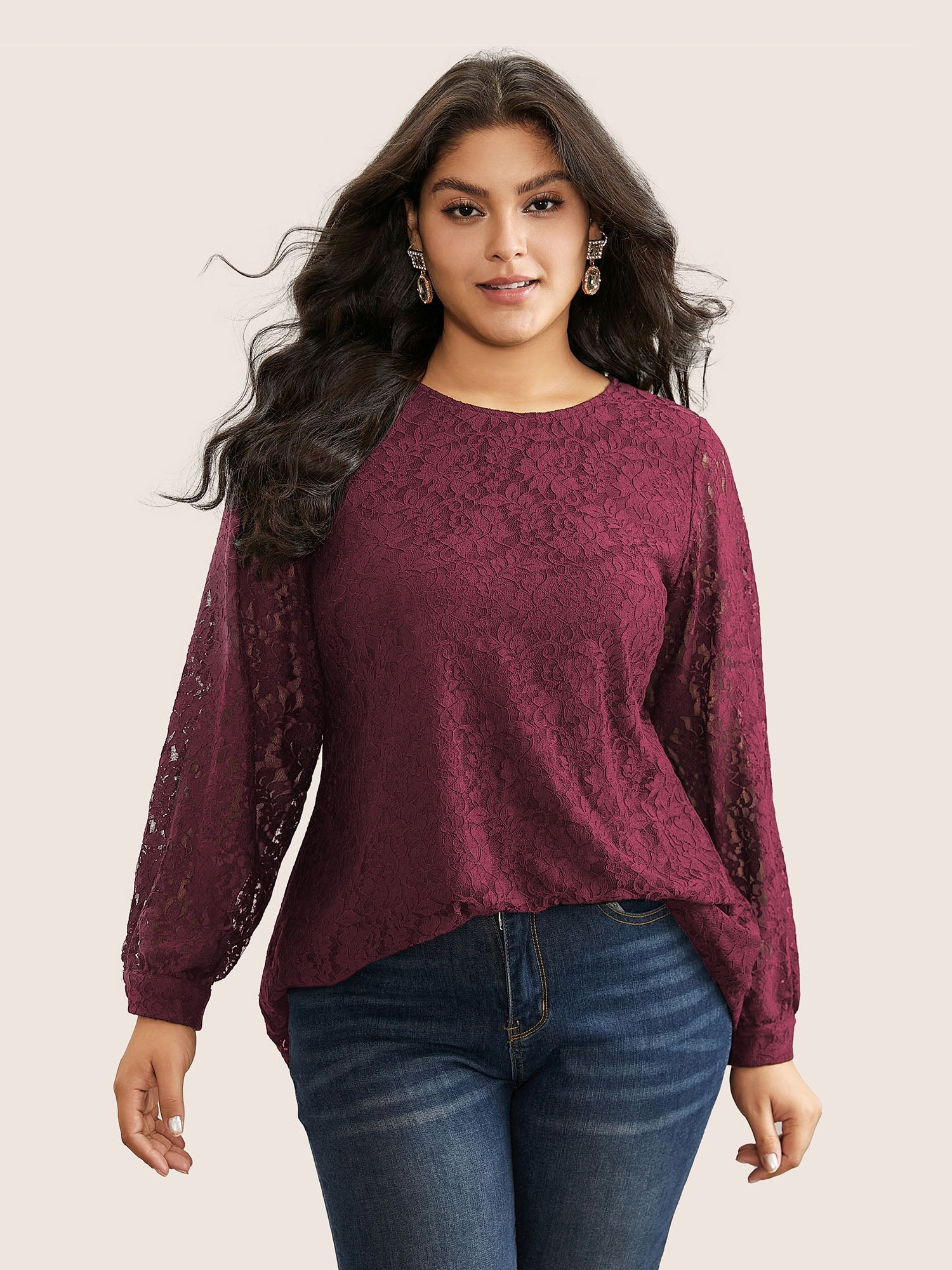 Solid Crochet Lace Mesh Crew Neck Blouse