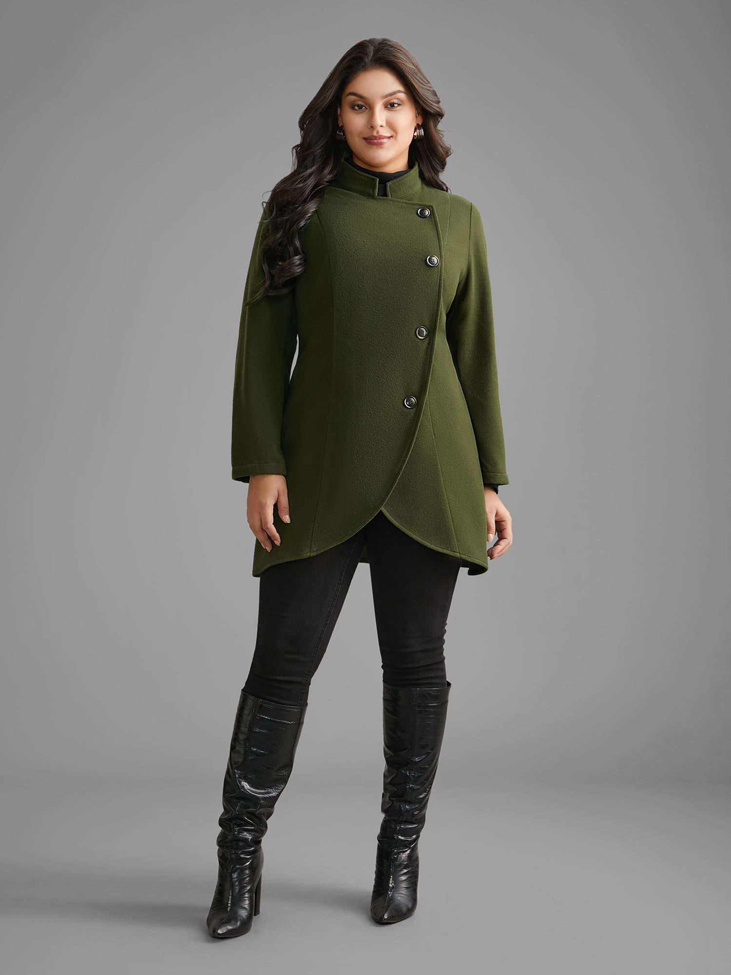 Solid Wrap Button Up Asymmetrical Hem Coat