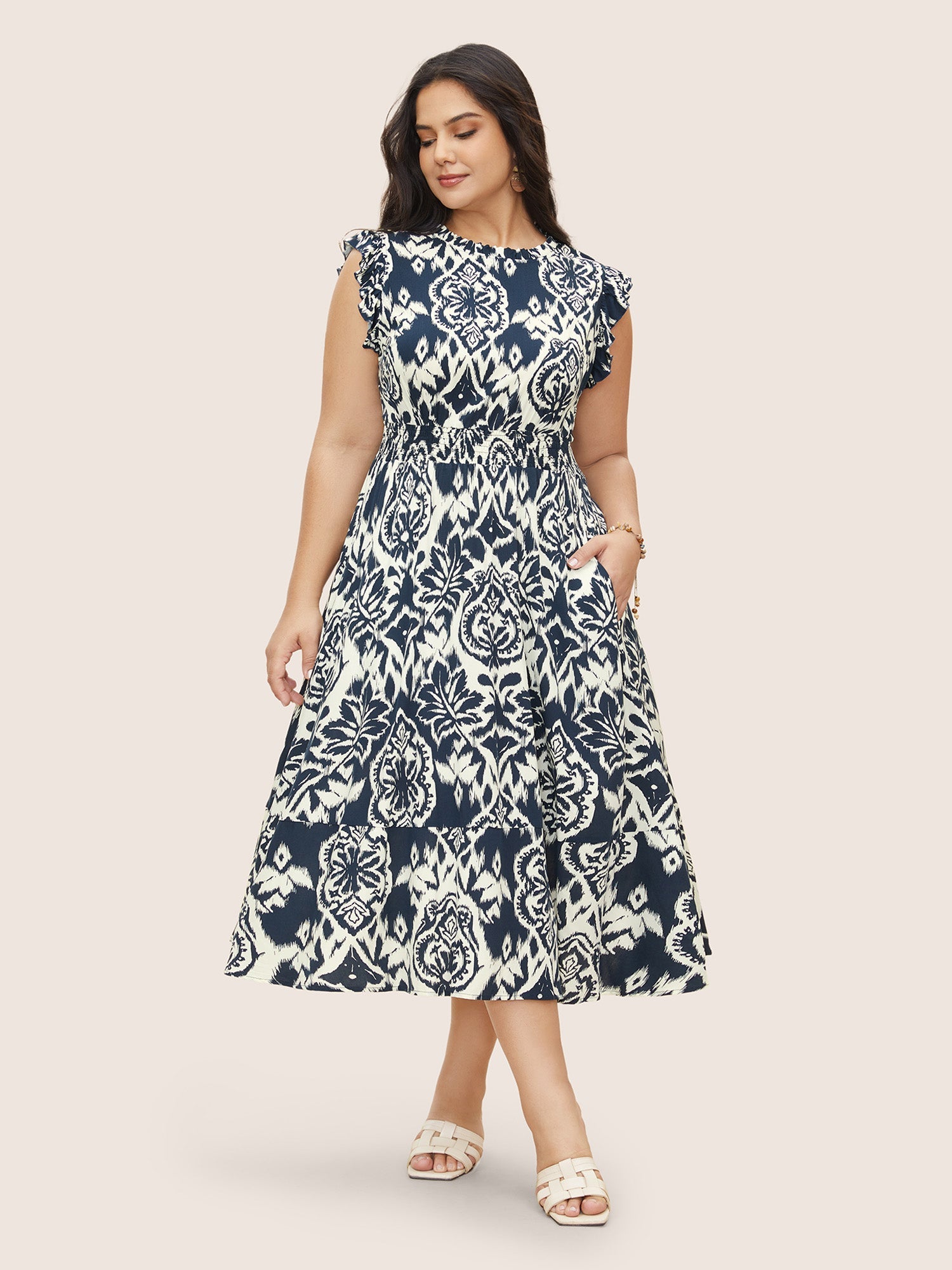 Boho Print Mock Neck Shirred Ruffle Cap Sleeve Dress