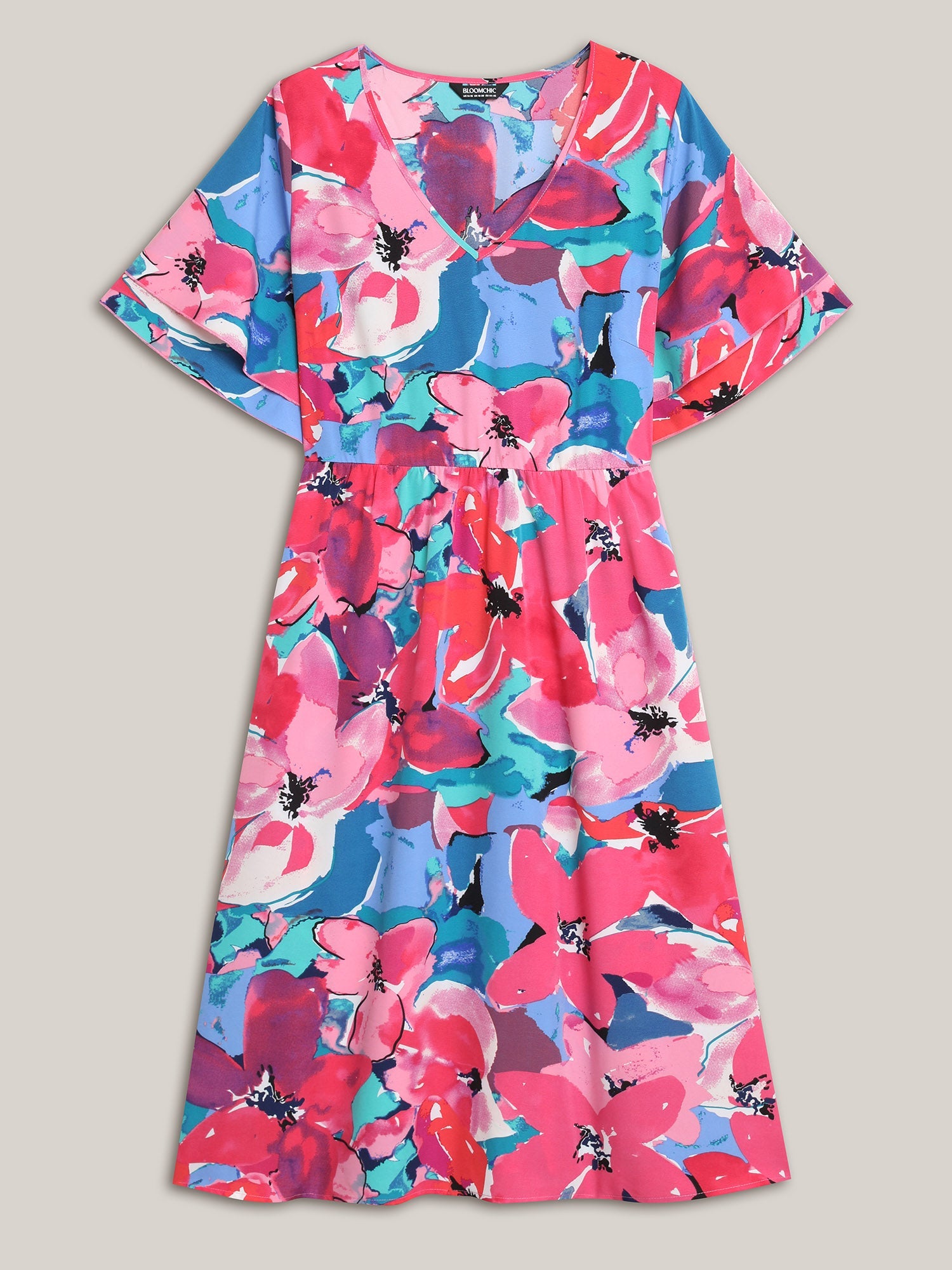 Multi-Color Floral V-Neck Pockets Midi Dress