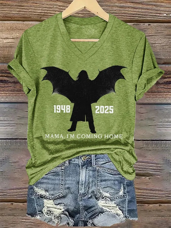 V-Neck Retro Rip Prince Of Darkness Mama,I'm Coming Home  1948–2025 Bat Wing Print T-Shirt