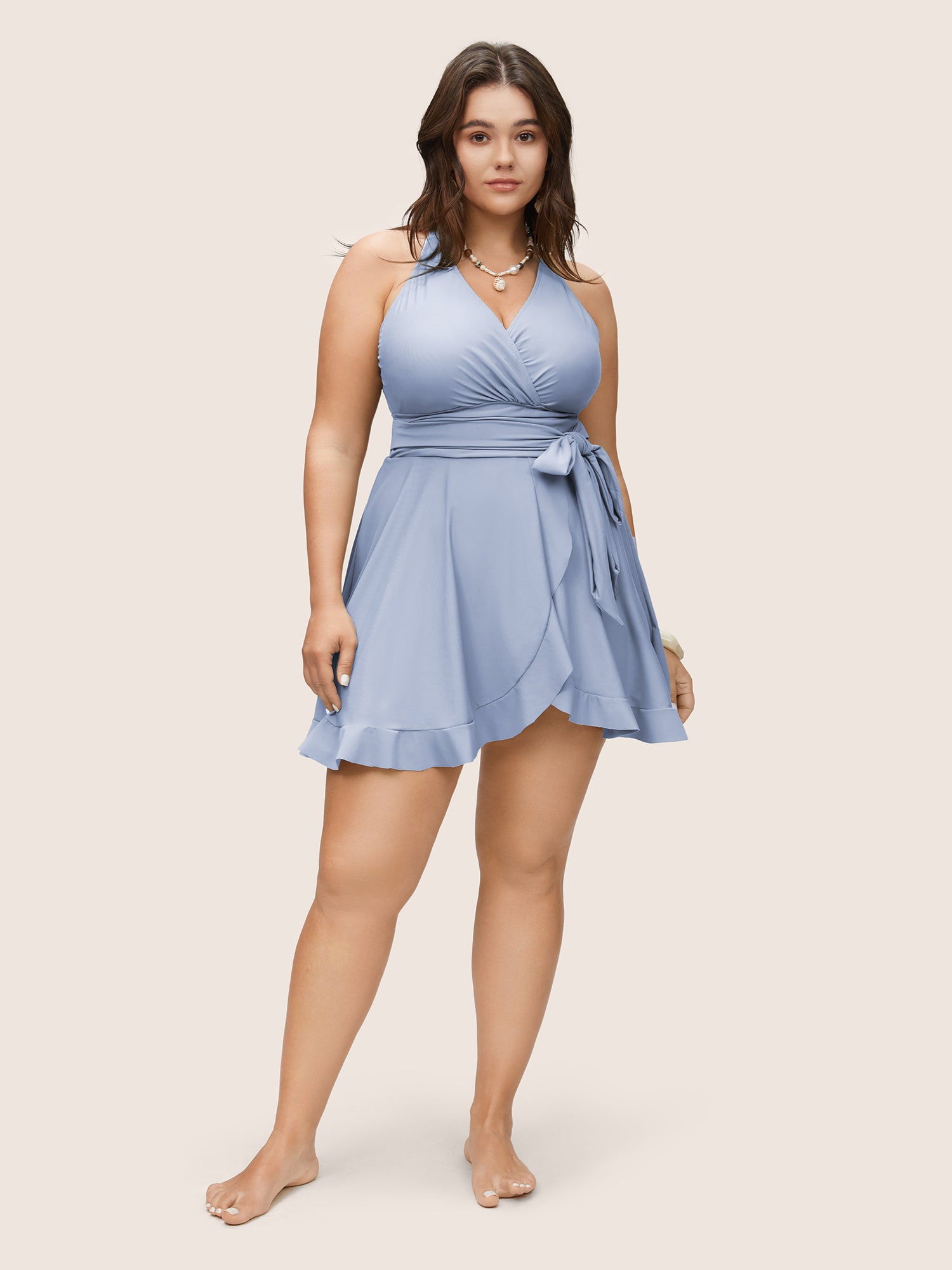 Plain Ties Wrap Flutters Swim Dress