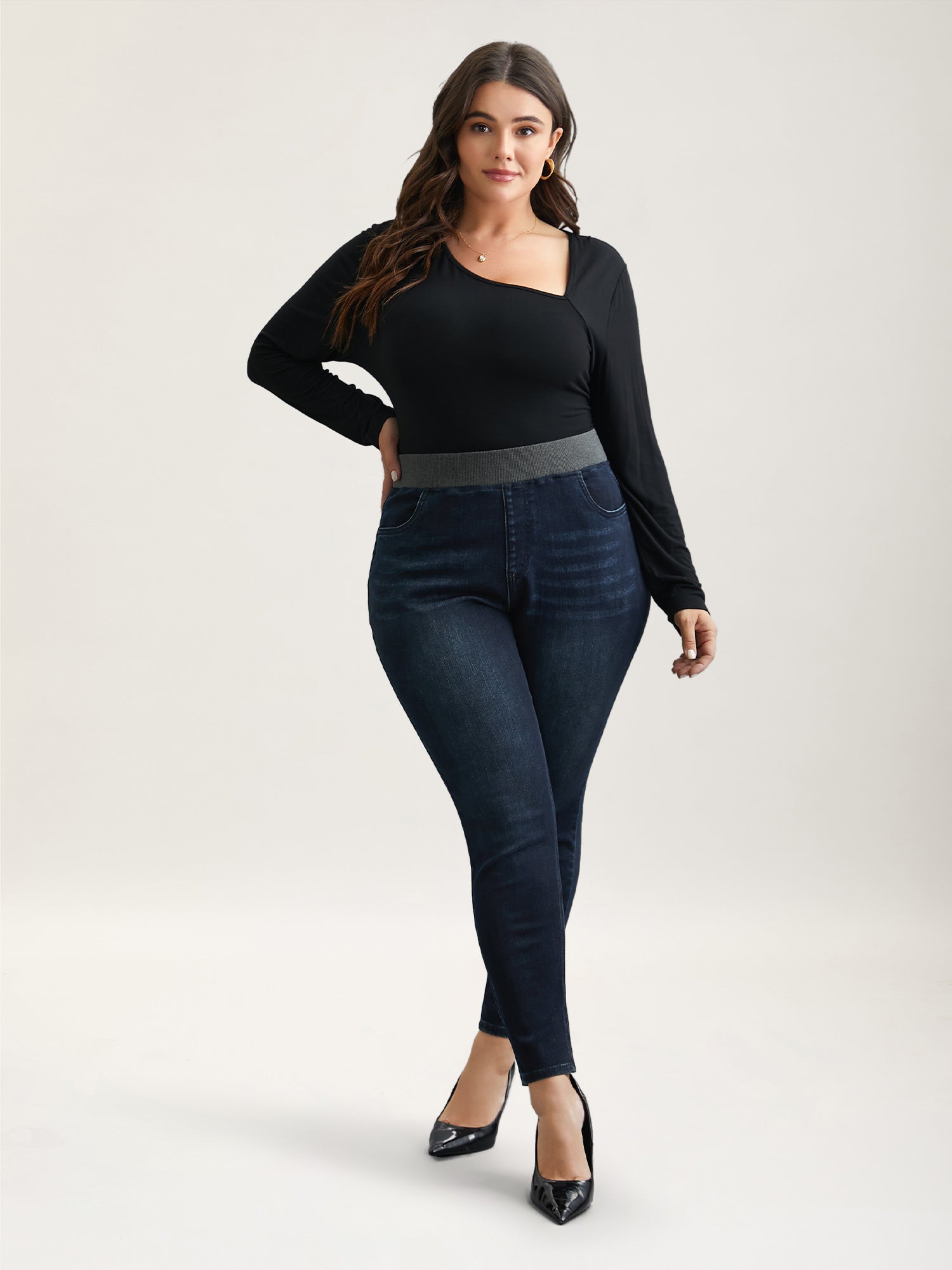Stretchy Whiskered Waist Skinny Knit Jeans