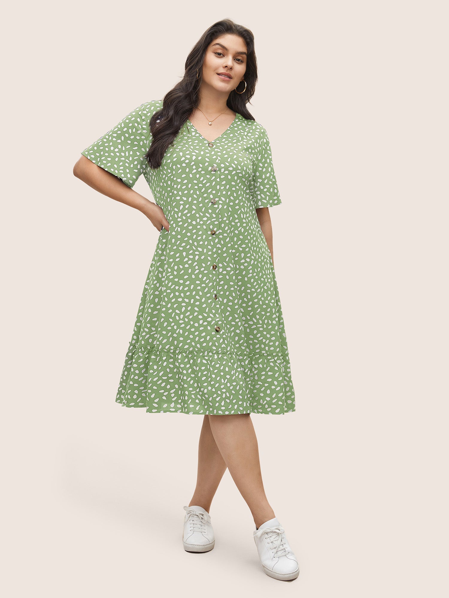 Polka Dot Button Detail Flutter Layered Hem Dress