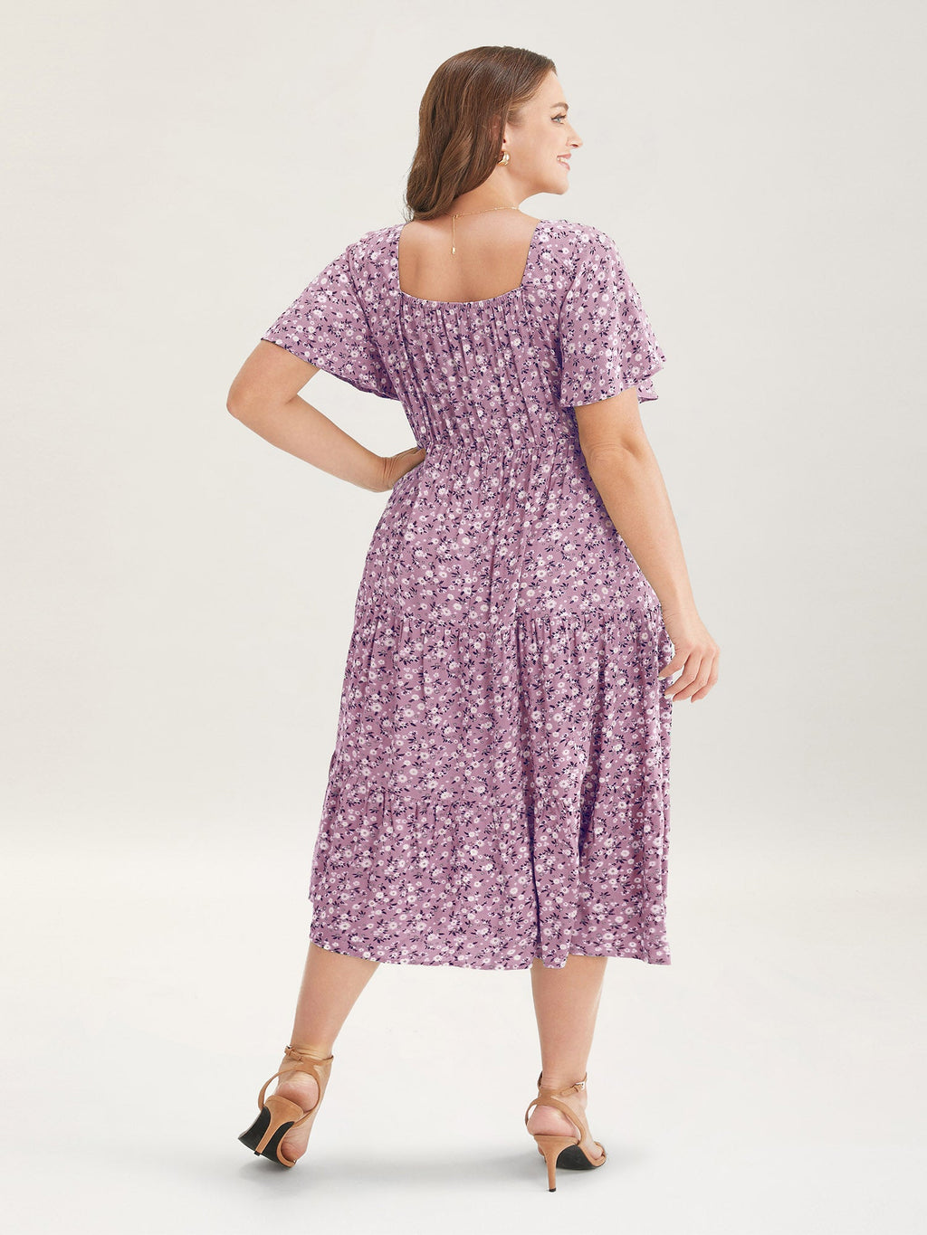 Ditsy Floral Drawstring Ruched Pocket Ruffle Tiered Dress