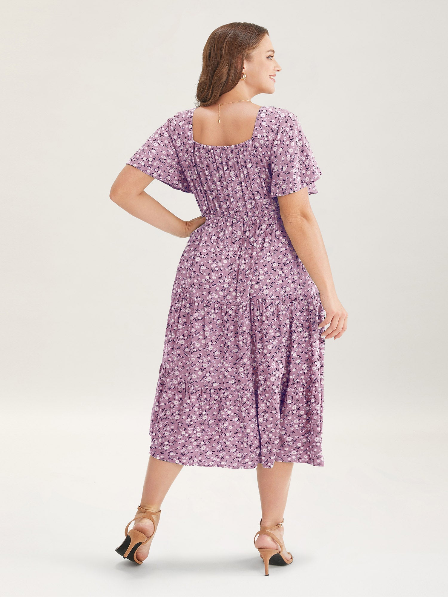 Ditsy Floral Drawstring Ruched Pocket Ruffle Tiered Dress