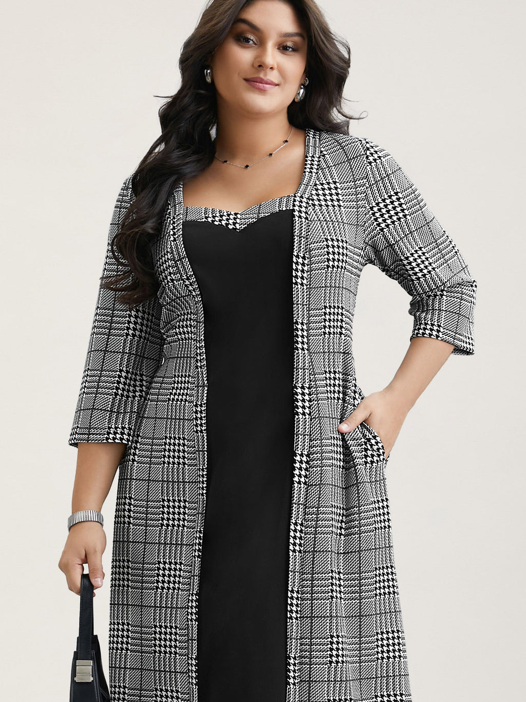 Houndstooth Print Waist-Cinched Patchwork Midi Dress