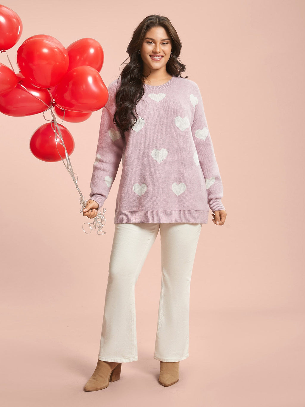 Heart Jacquard Contrast Ribbed Hem Pullover