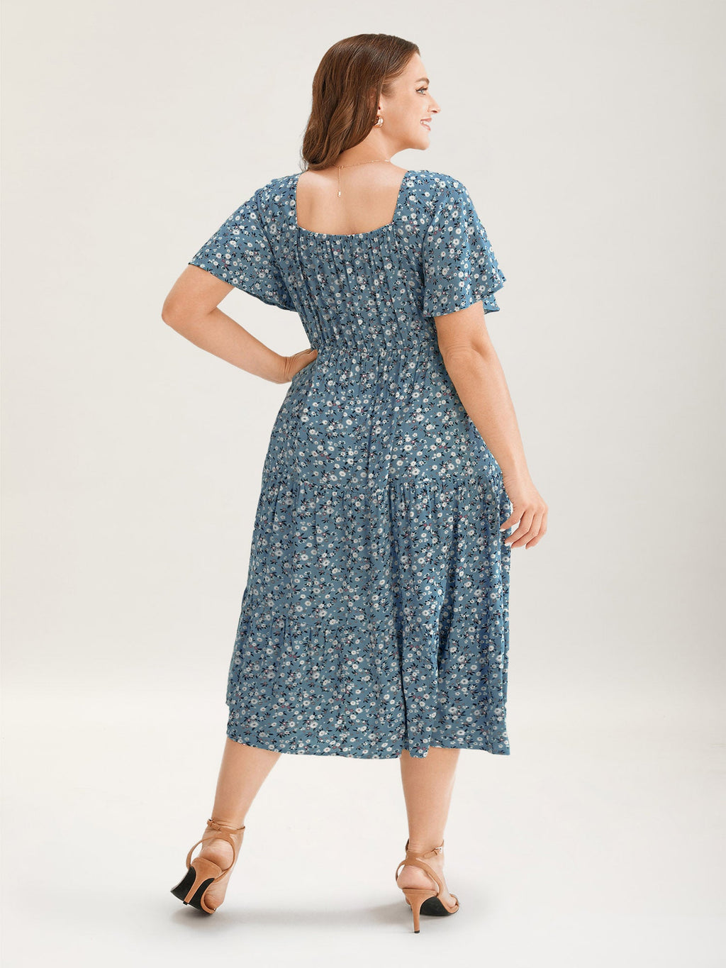 Ditsy Floral Drawstring Ruched Pocket Ruffle Tiered Dress