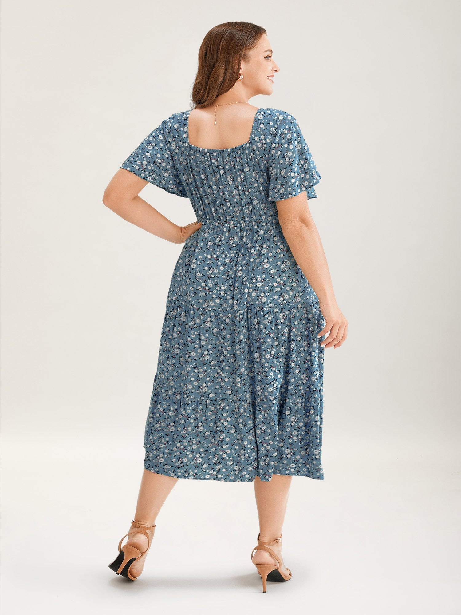 Ditsy Floral Drawstring Ruched Pocket Ruffle Tiered Dress