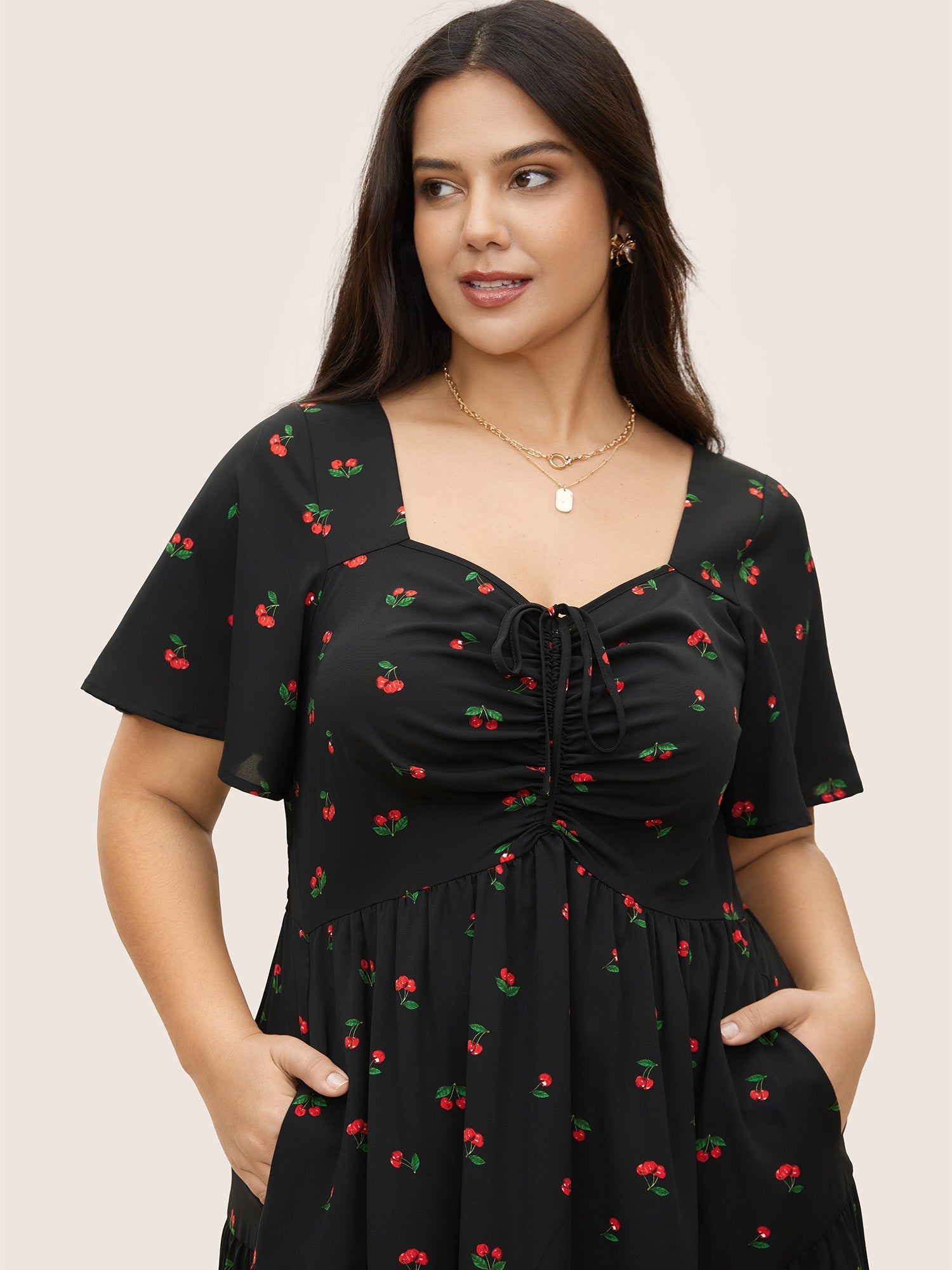Citrus Fruit Print Heart Neckline Drawstring Pleated Dress