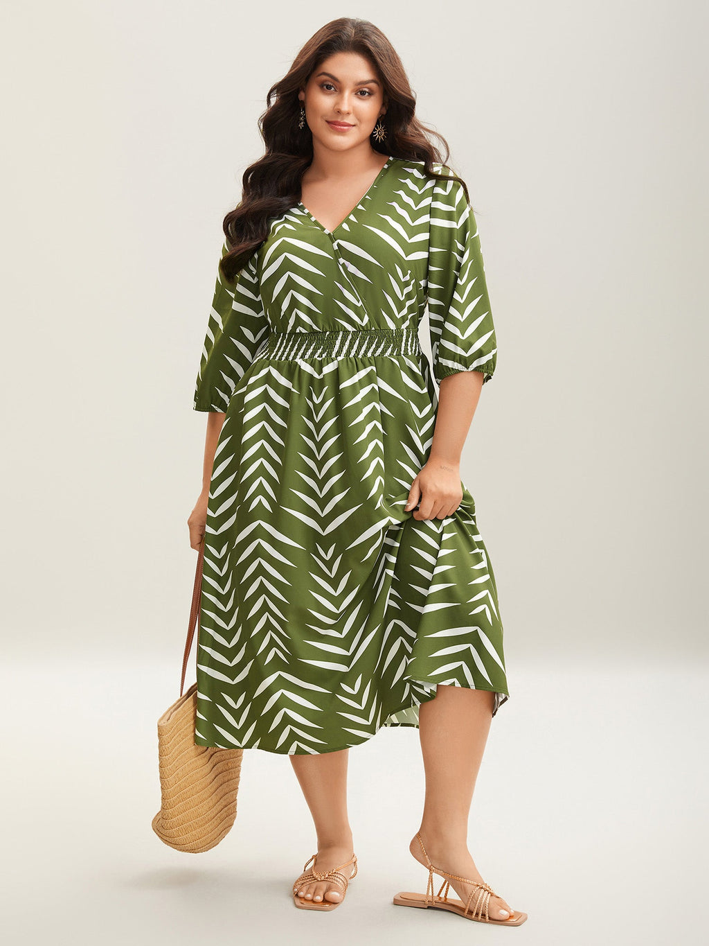 Tree Print Wrap Shirred Pockets Midi Dress