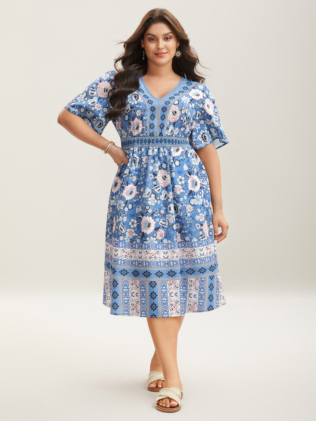 Boho Print Pockets V-Neck Midi Dress