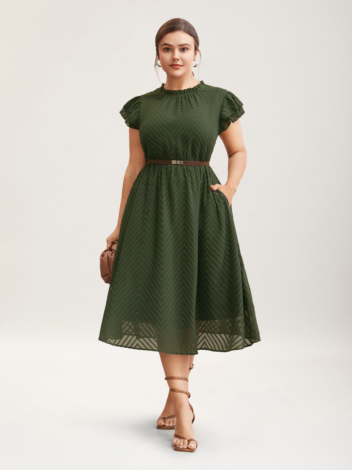 Plain Geometric Layered Sleeve Pocket Ruffle Mock Neck Dress