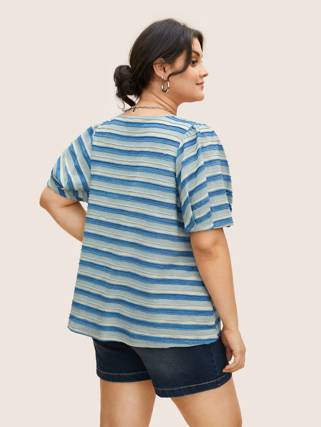 V Neck Textured Striped Tie Knot T-shirt