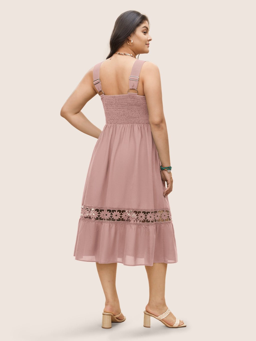 Plain Elastic Waist Cut Out Lace Patchwork Dress