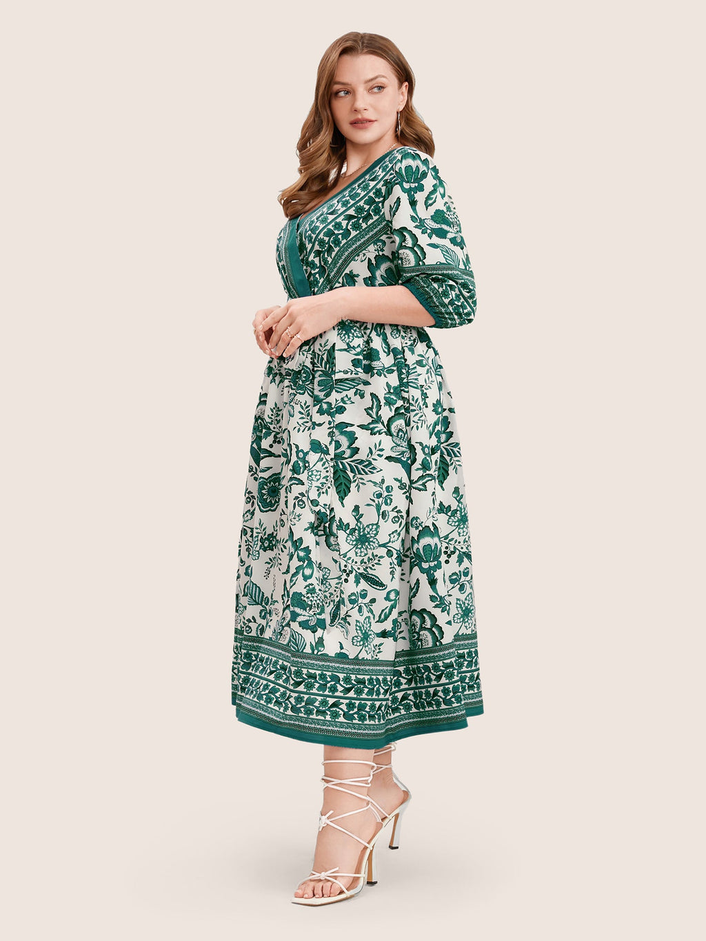 Bandana Print Surplice Neck Lantern Sleeve Pocket Belted Midi Dress