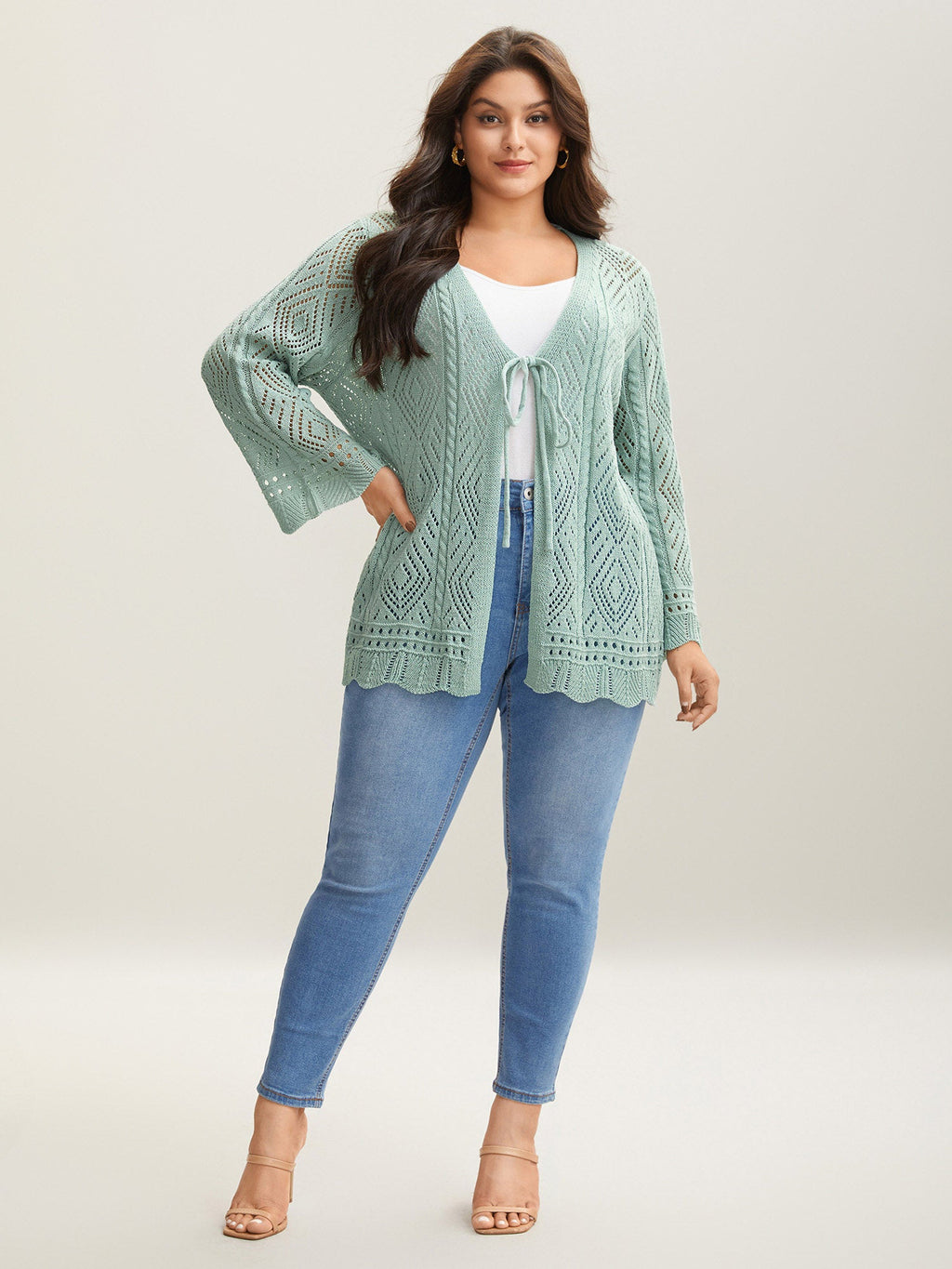 Cut-Out Textured Tied Knit Cardigan