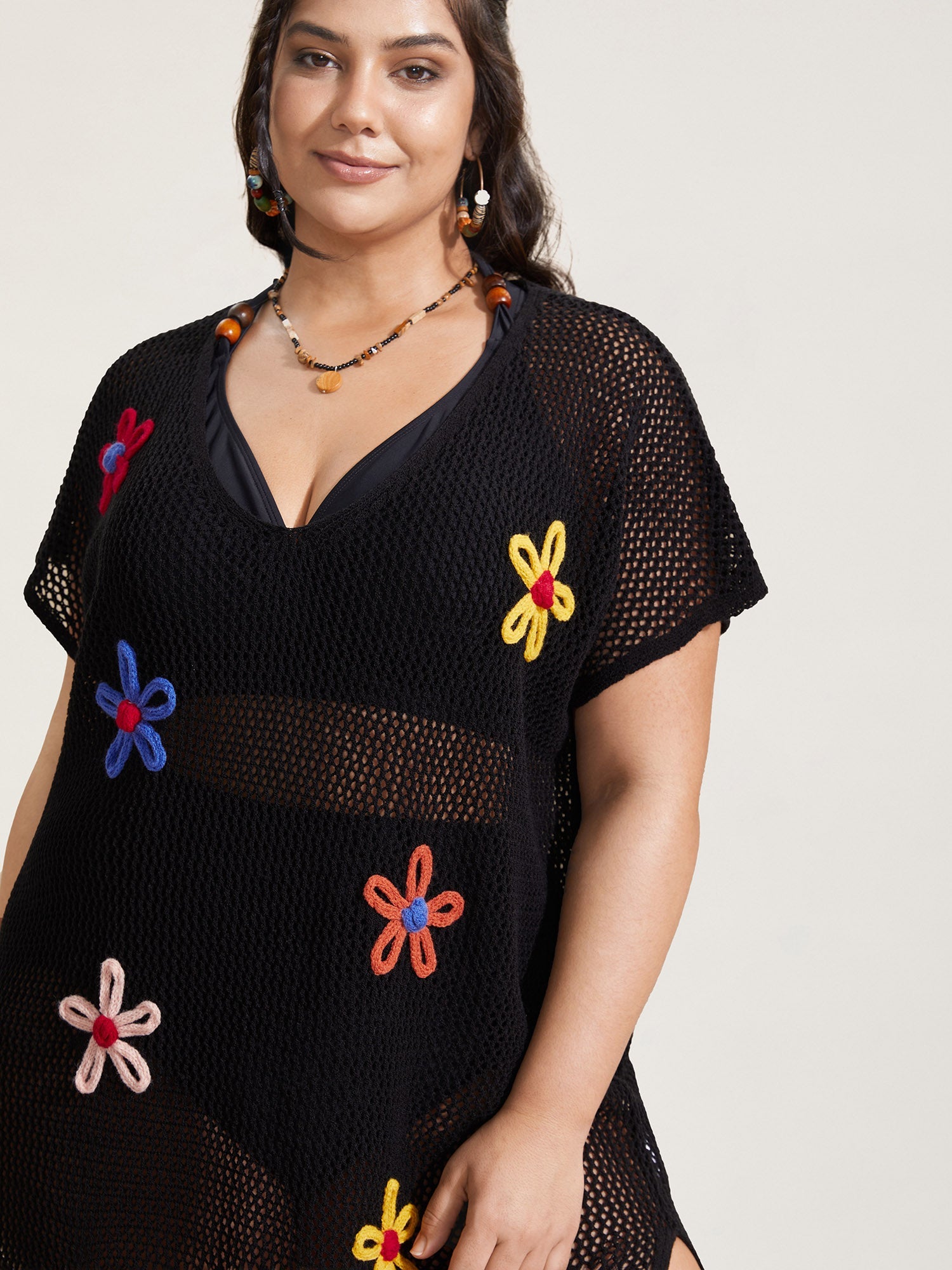 Stereo Flower Design Slit Hem Swim Cover Up
