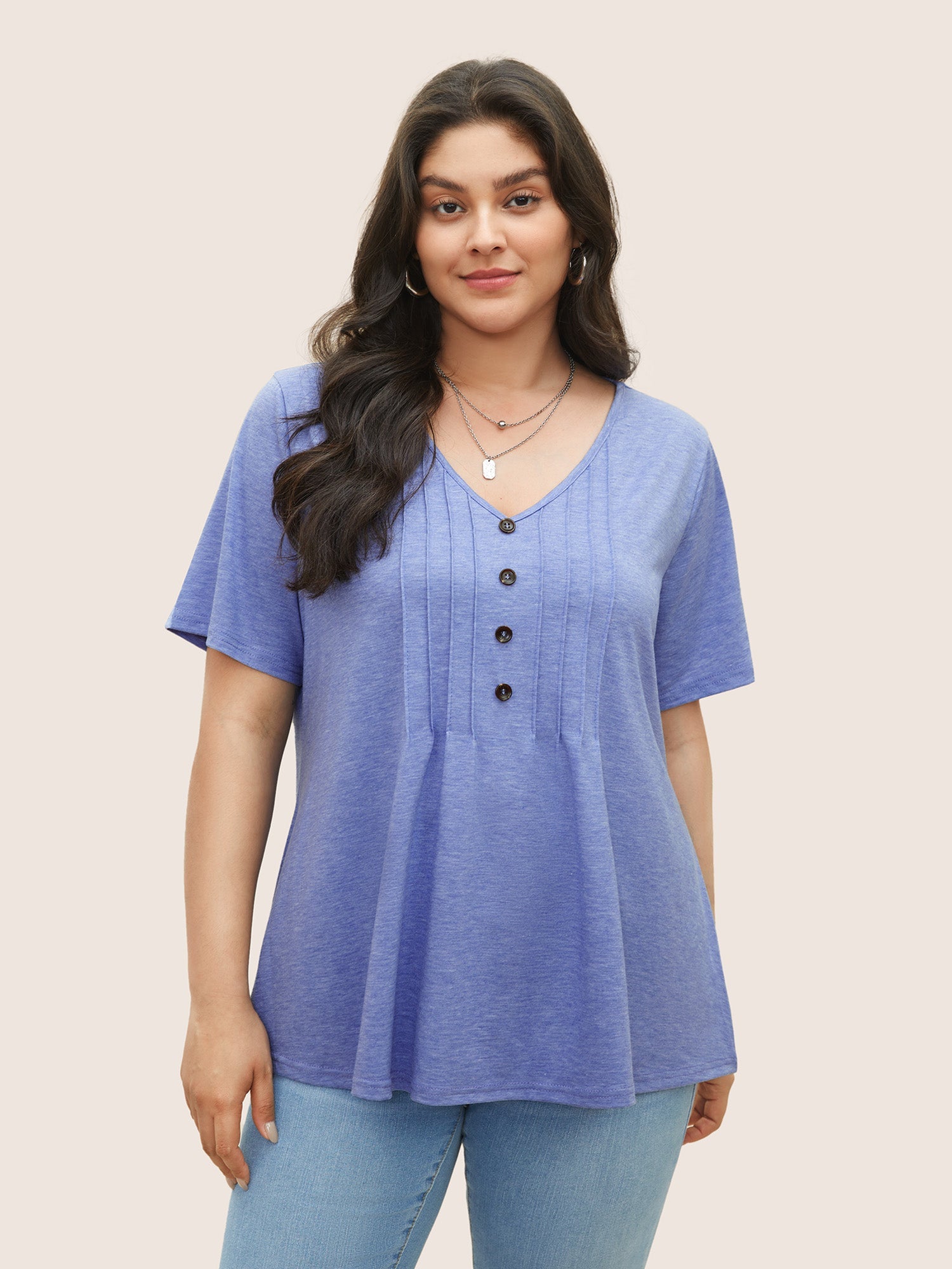 Solid Pleated Front Button Detail V Neck T-shirt