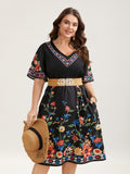 Boho Print V-Neck Flared Sleeve Midi Dress