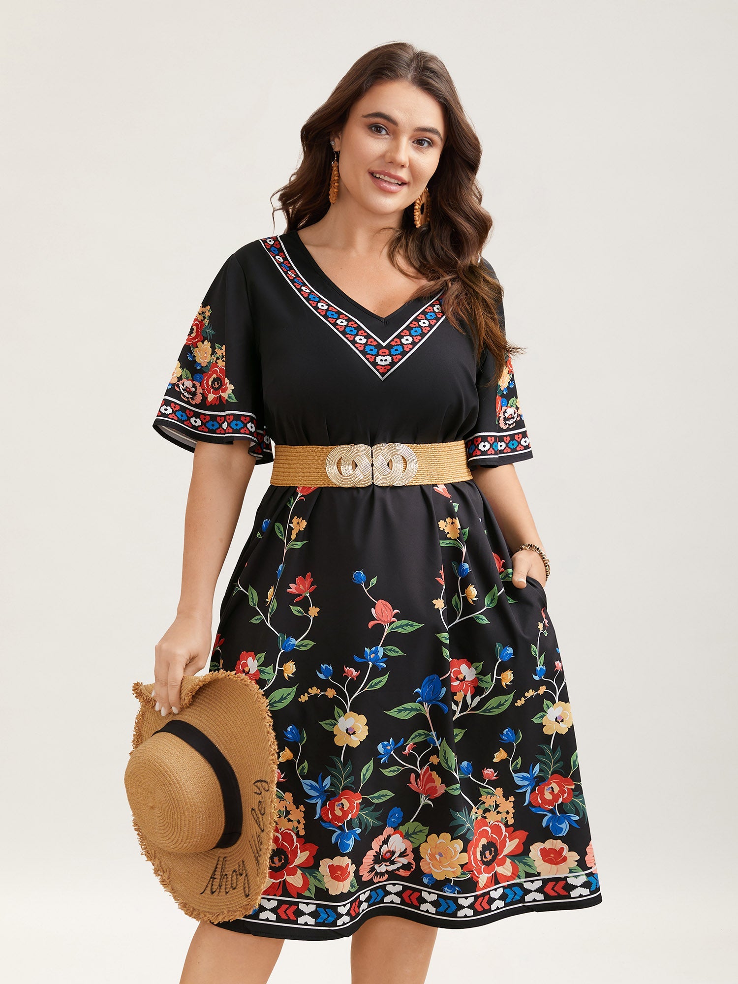 Boho Print V-Neck Flared Sleeve Midi Dress