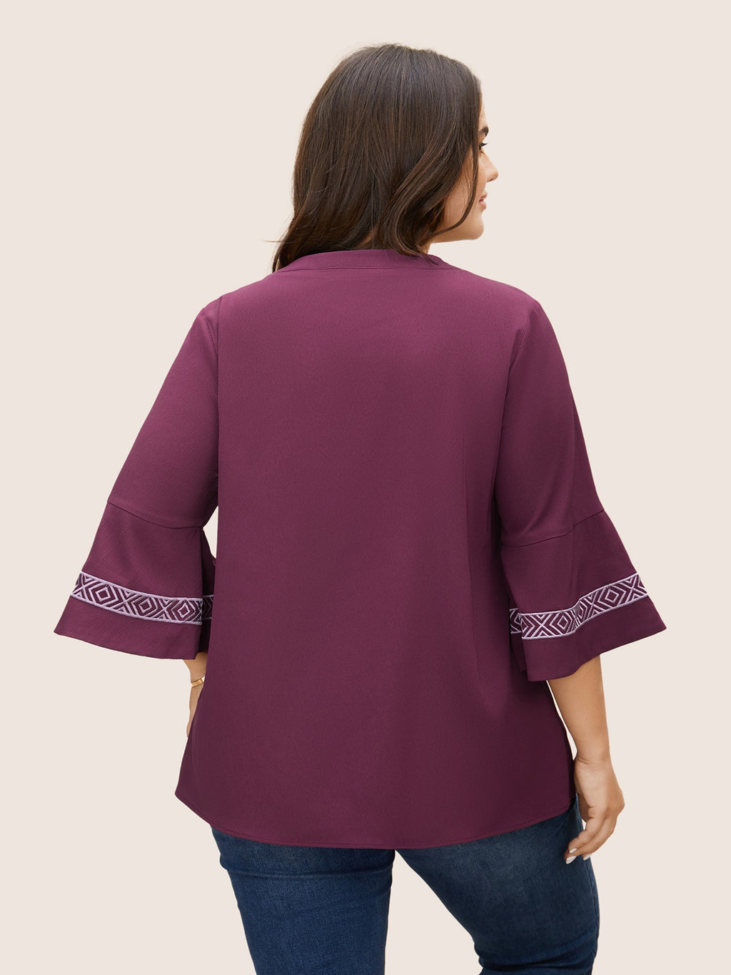 Boho Print Embroidered Gathered Notched Blouse