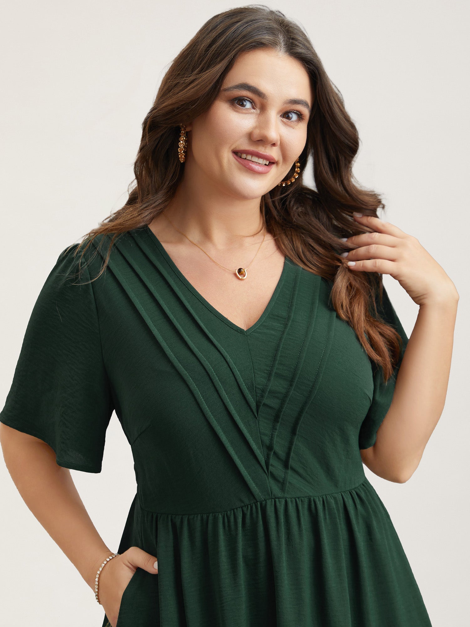 Bib-Front V-Neck Pockets Tiered Midi Dress