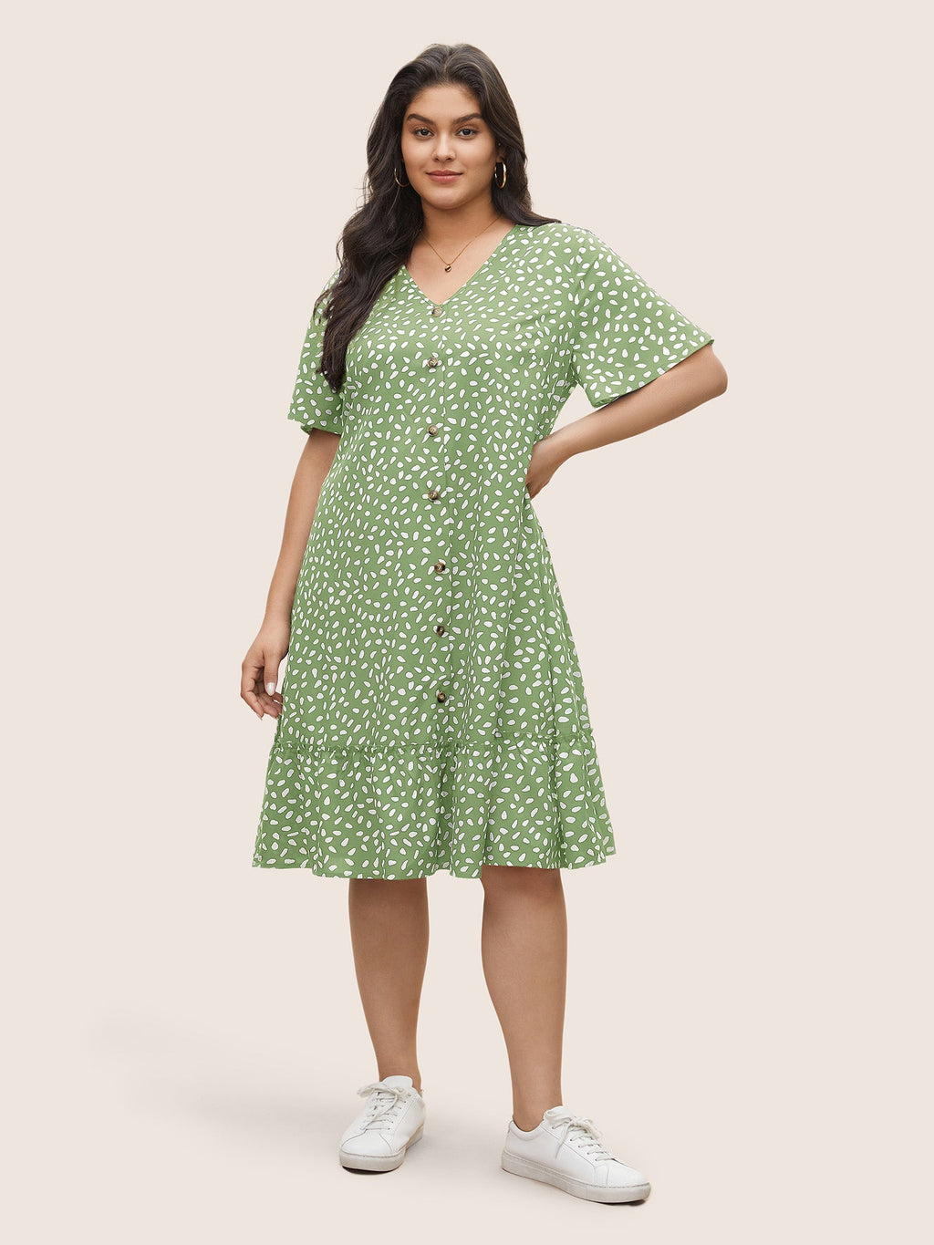 Polka Dot Button Detail Flutter Layered Hem Dress