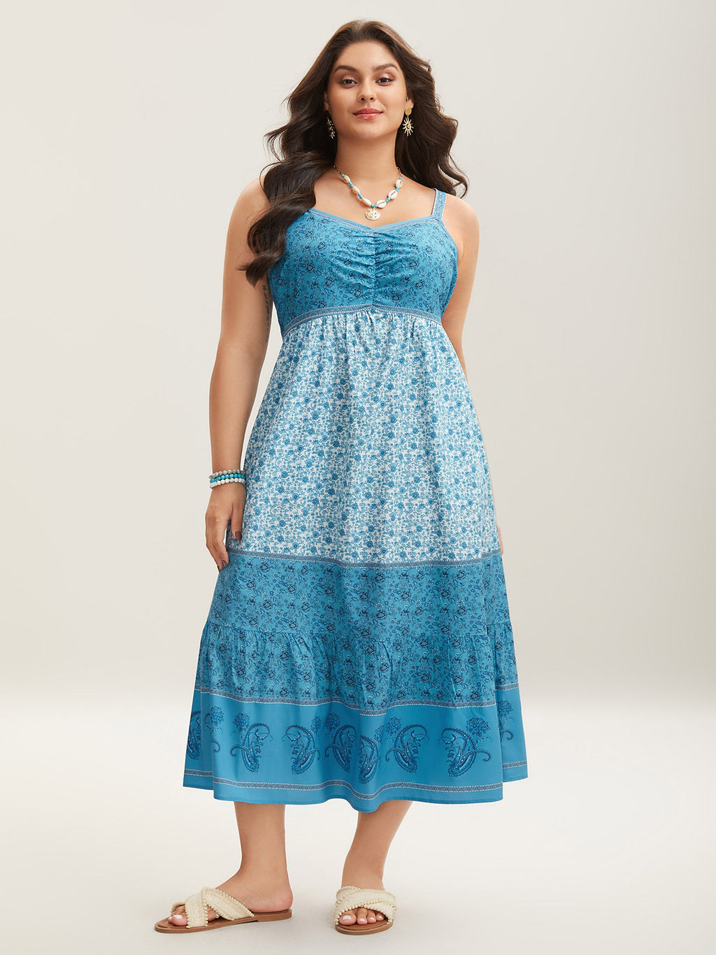 Tropical Blues Cinched Cami Midi Dress
