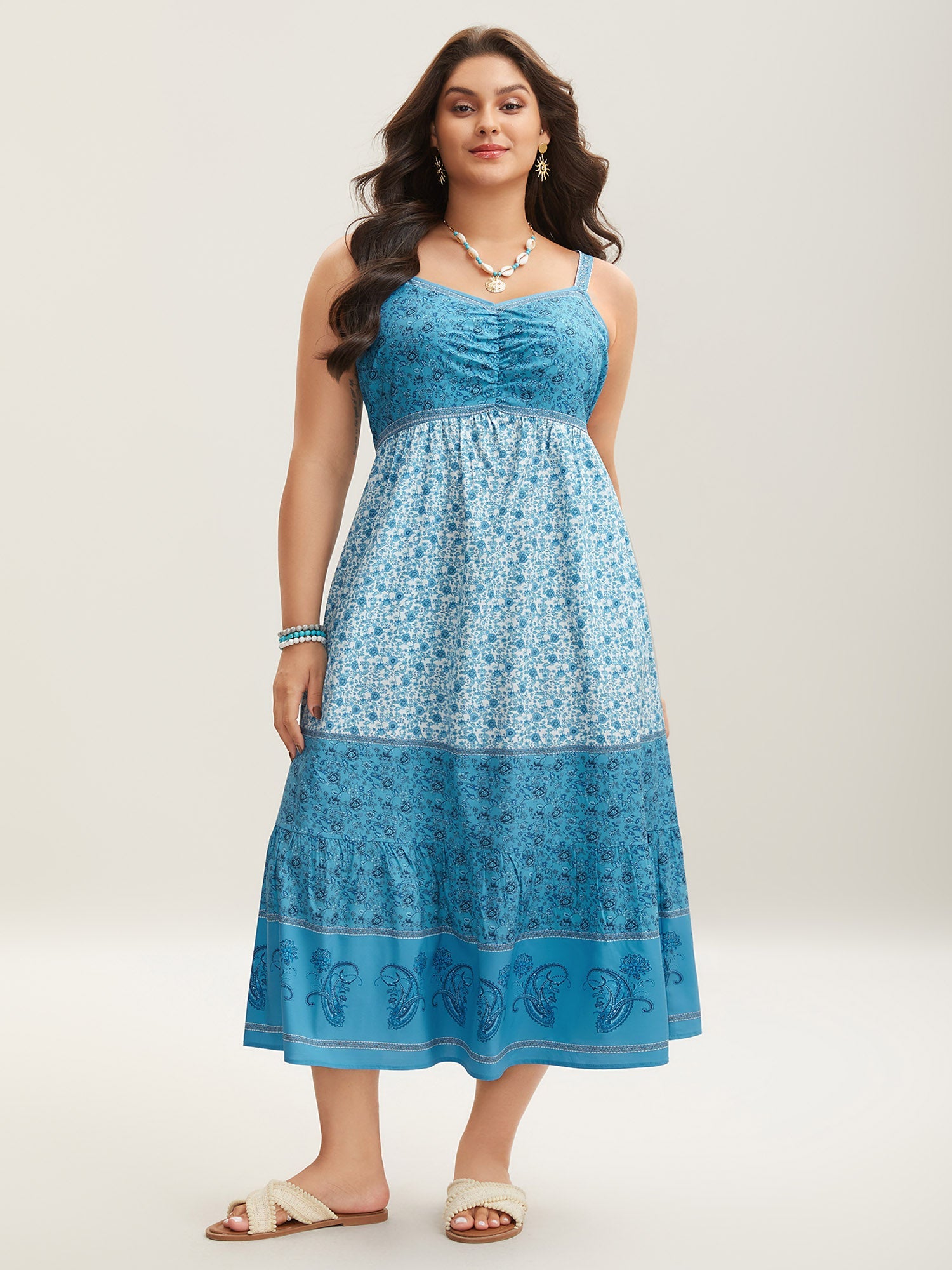 Tropical Blues Cinched Cami Midi Dress