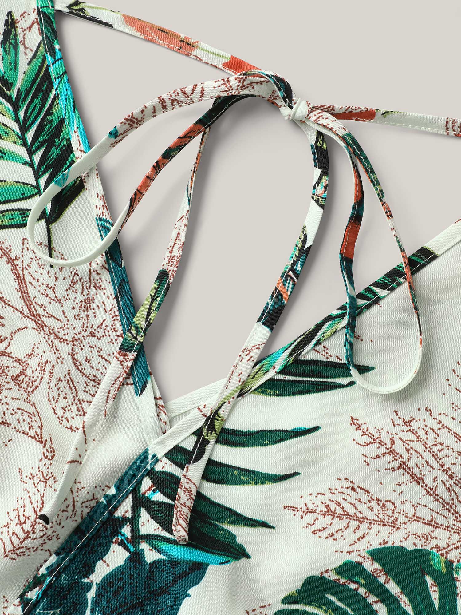 Tropical Print Surplice Neck Back Tie Jumpsuit
