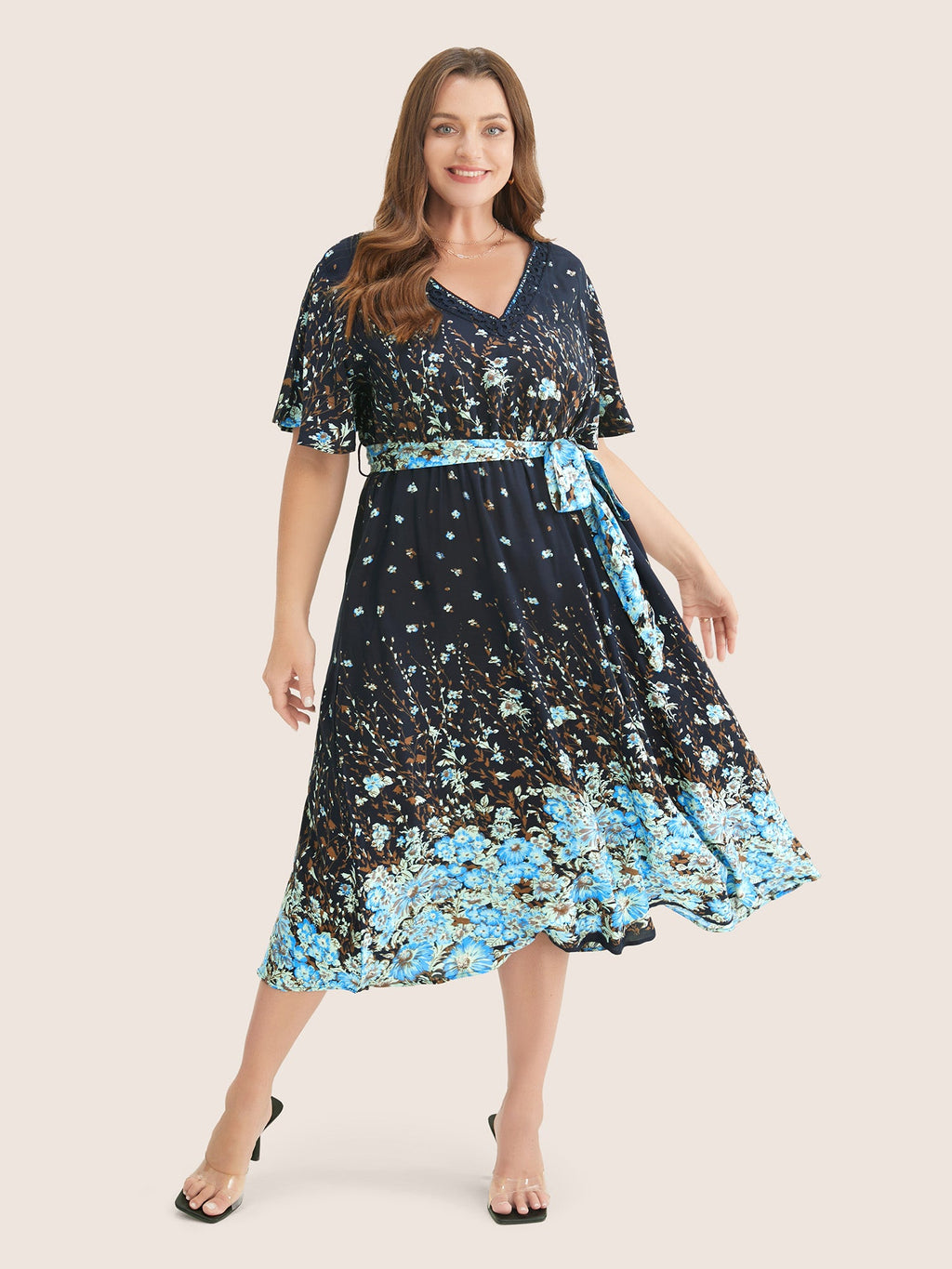 Floral & Butterfly Print Contrast Lace Pocket Belted Ruffles Dress