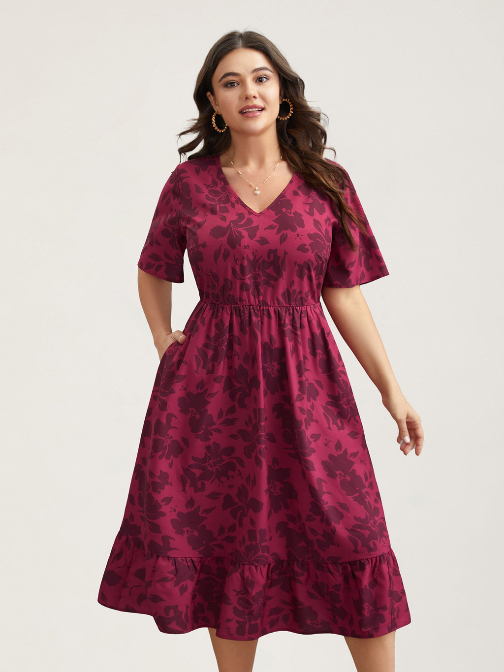 Romantic Flower Print Pockets Midi Dress