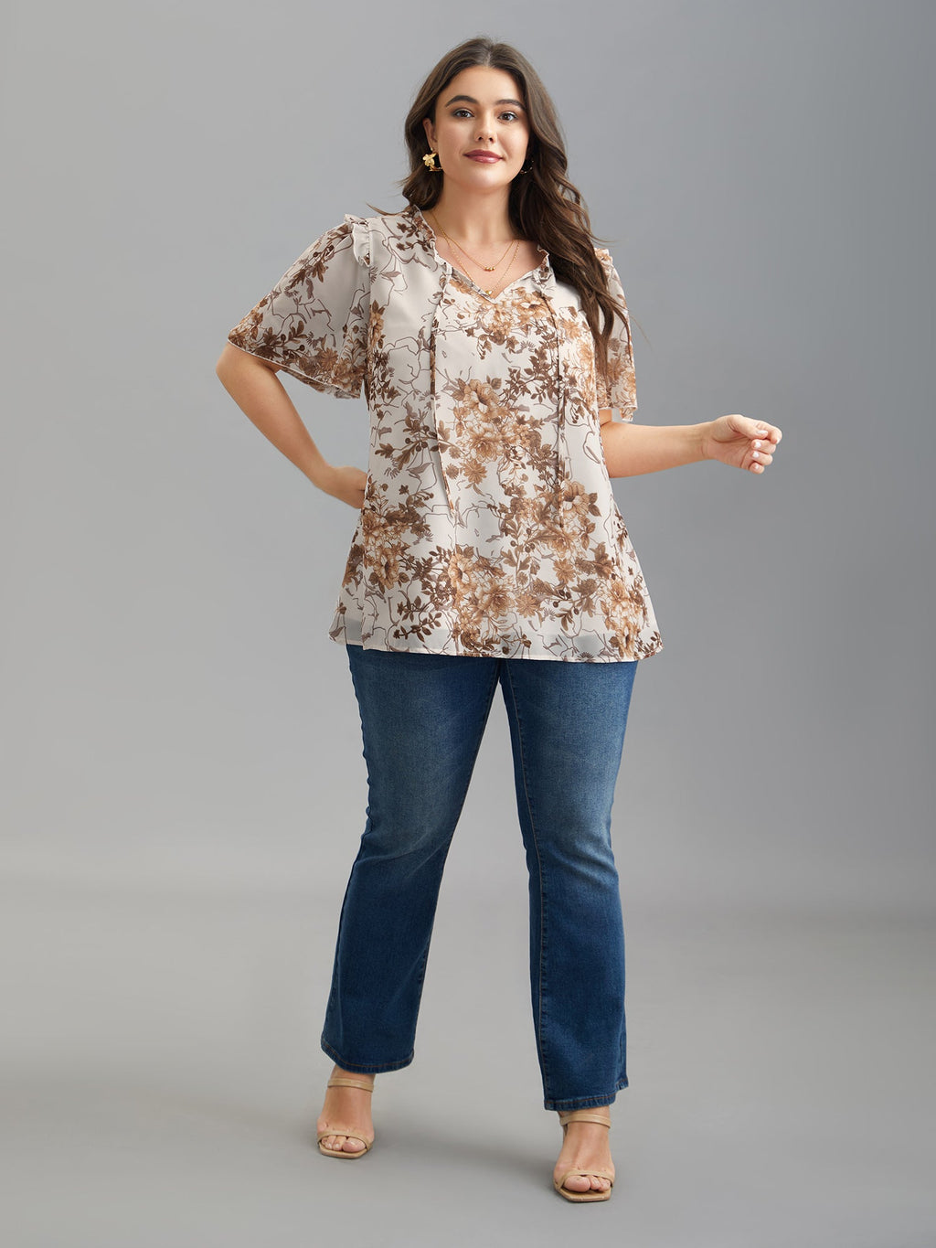 Floral Print Ruffle Neck Shirt