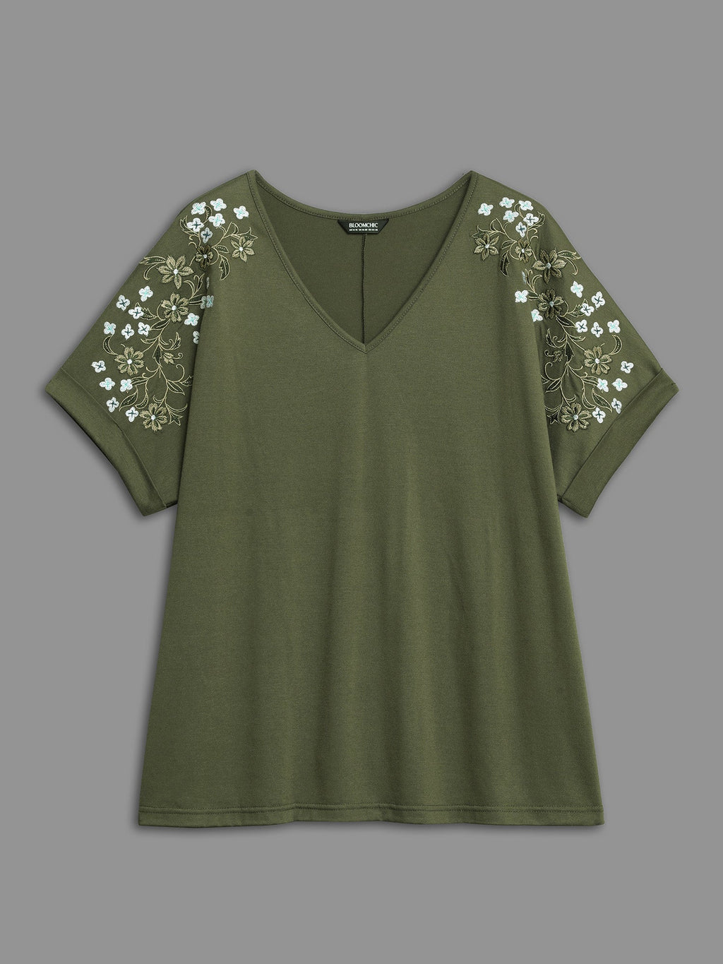 Stretchy Embroidered Drop Shoulder T-Shirt