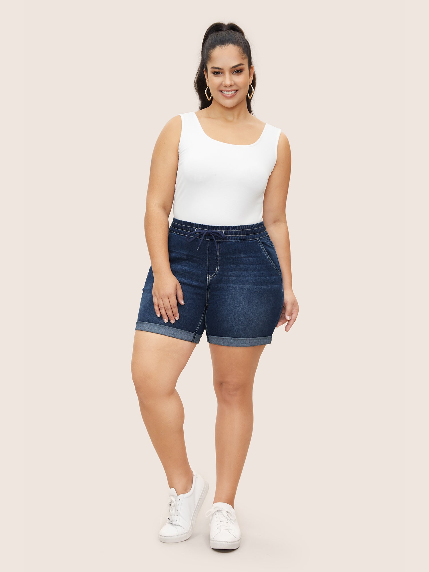 Roll Hem Elastic Waist Drawstring Denim Shorts