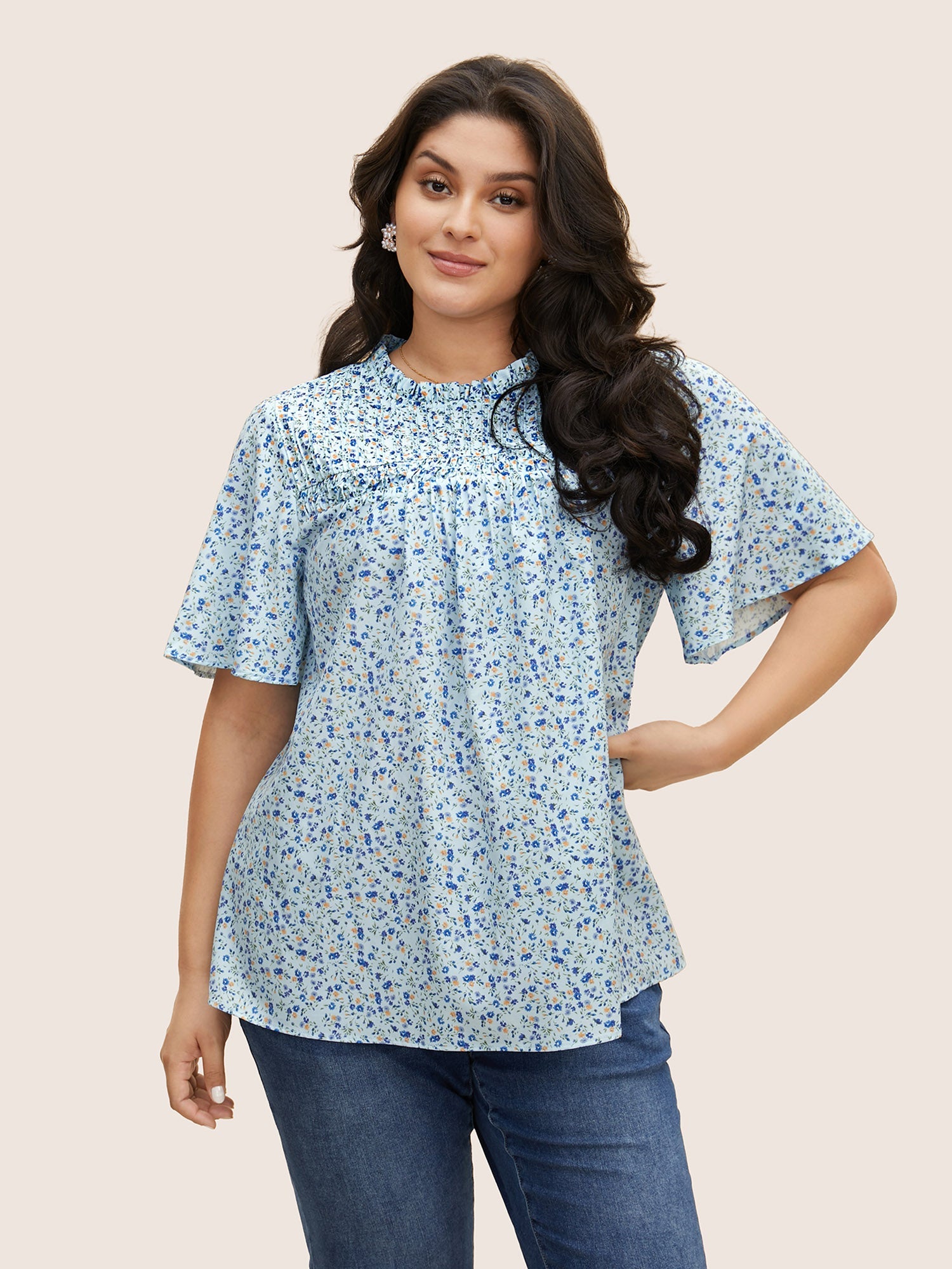 Ditsy Floral Plicated Detail Frill Trim Blouse