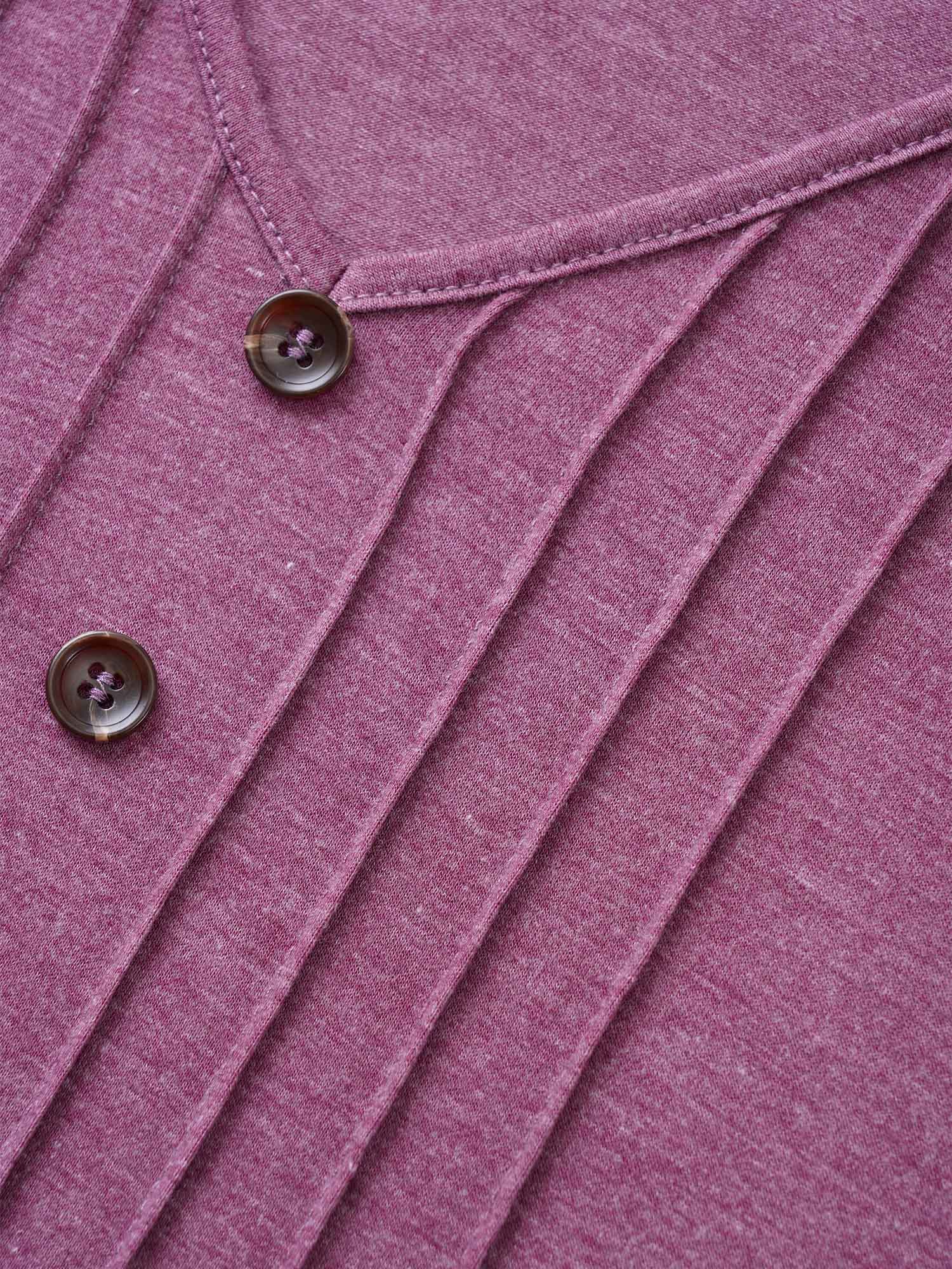 Solid Pleated Front Button Detail V Neck T-shirt