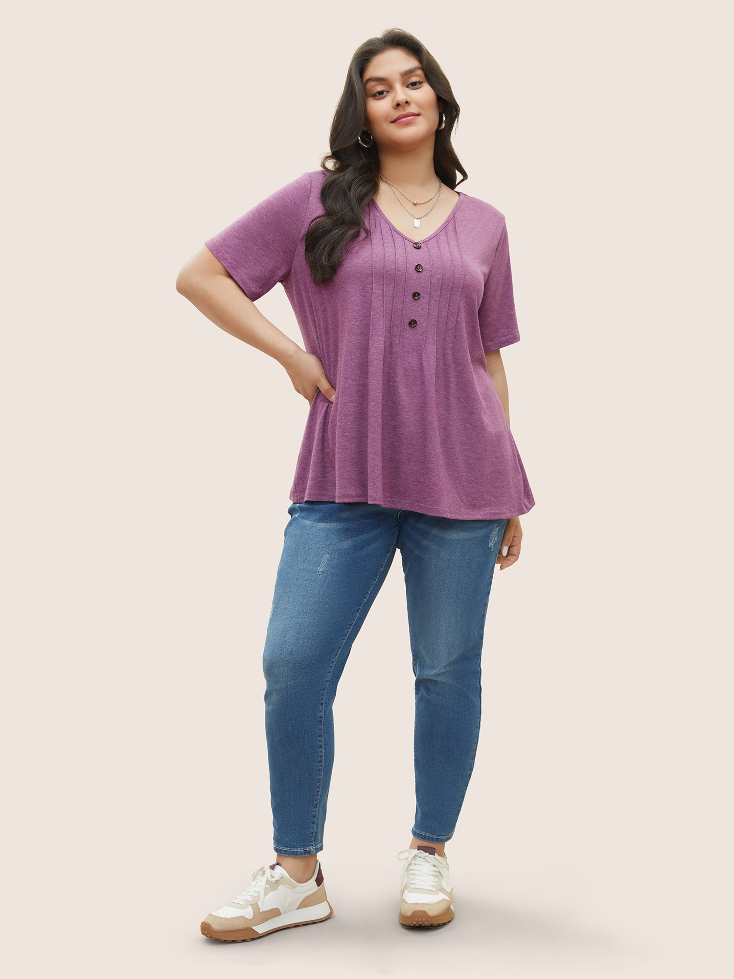 Solid Pleated Front Button Detail V Neck T-shirt