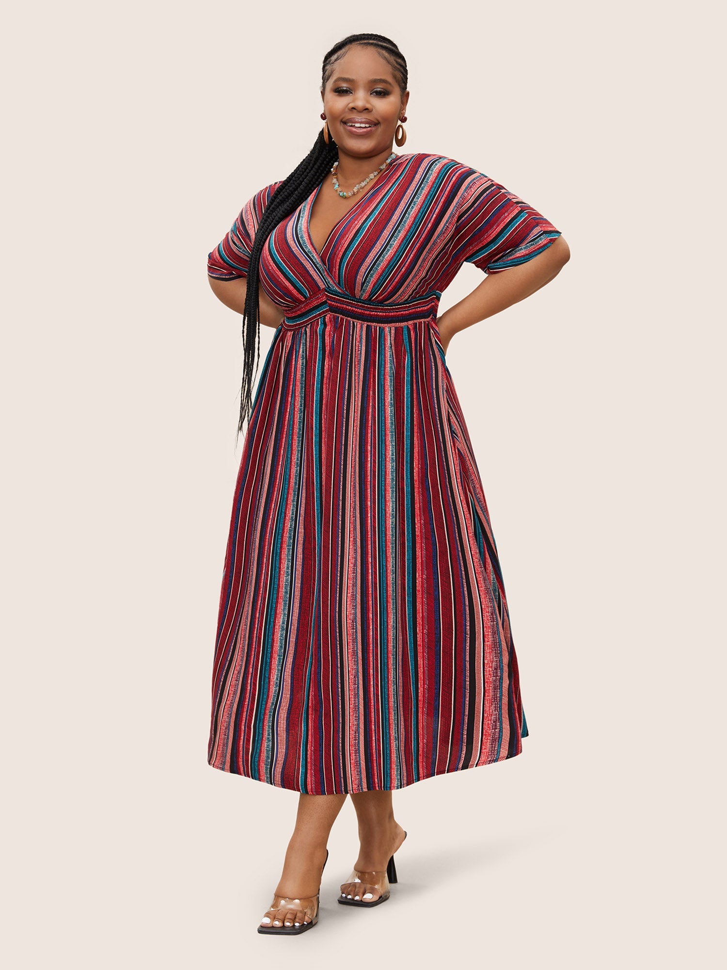 Striped Contrast Dolman Sleeve Shirred Pocket Split Flutter Dress