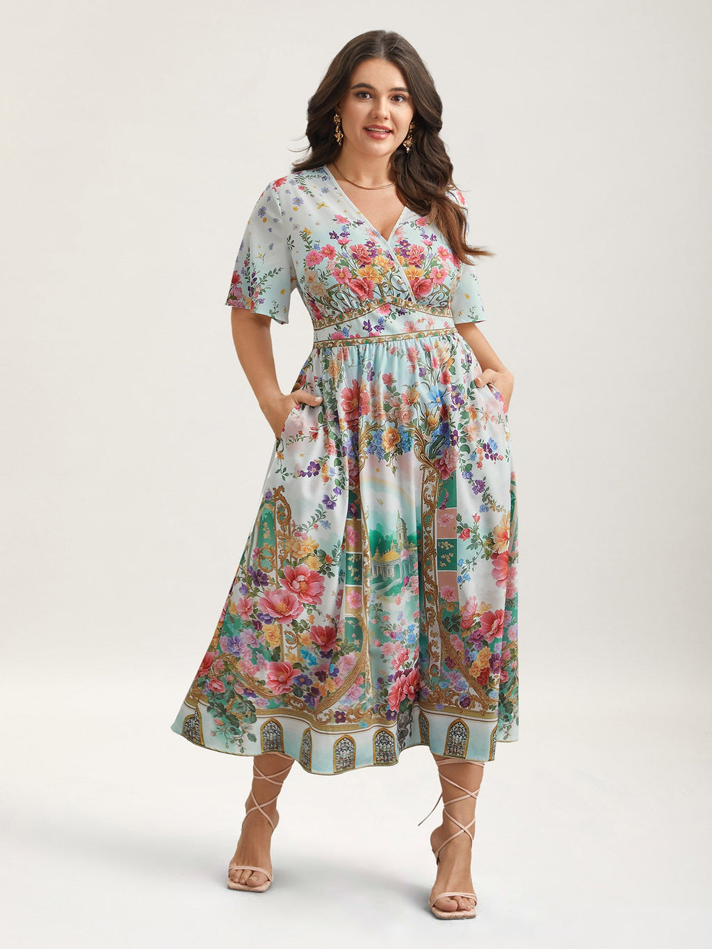 Floral Print Wrap-Neck Flared Sleeve Maxi Dress