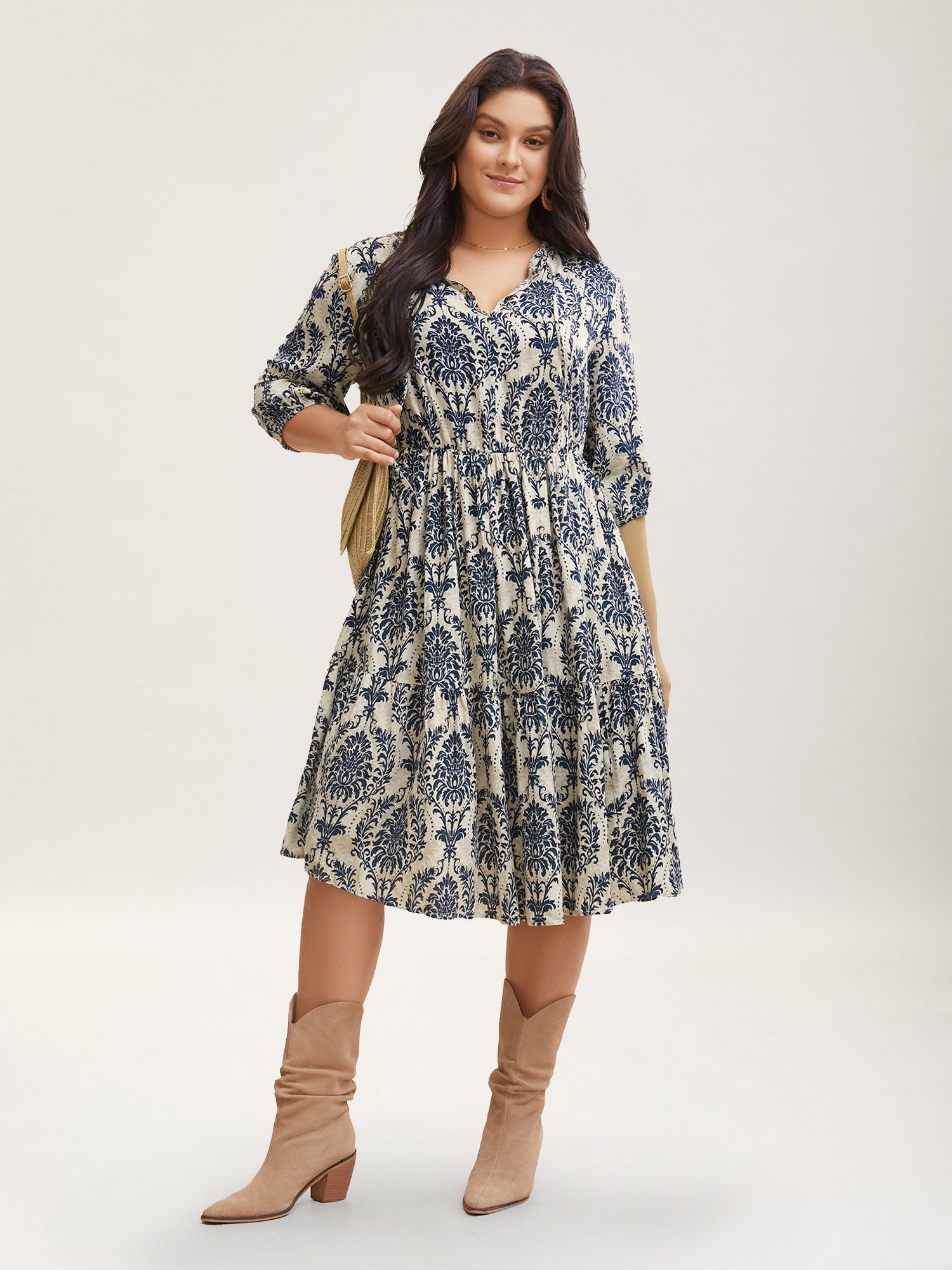 Boho Print Tie Knot Puff Sleeve Dress