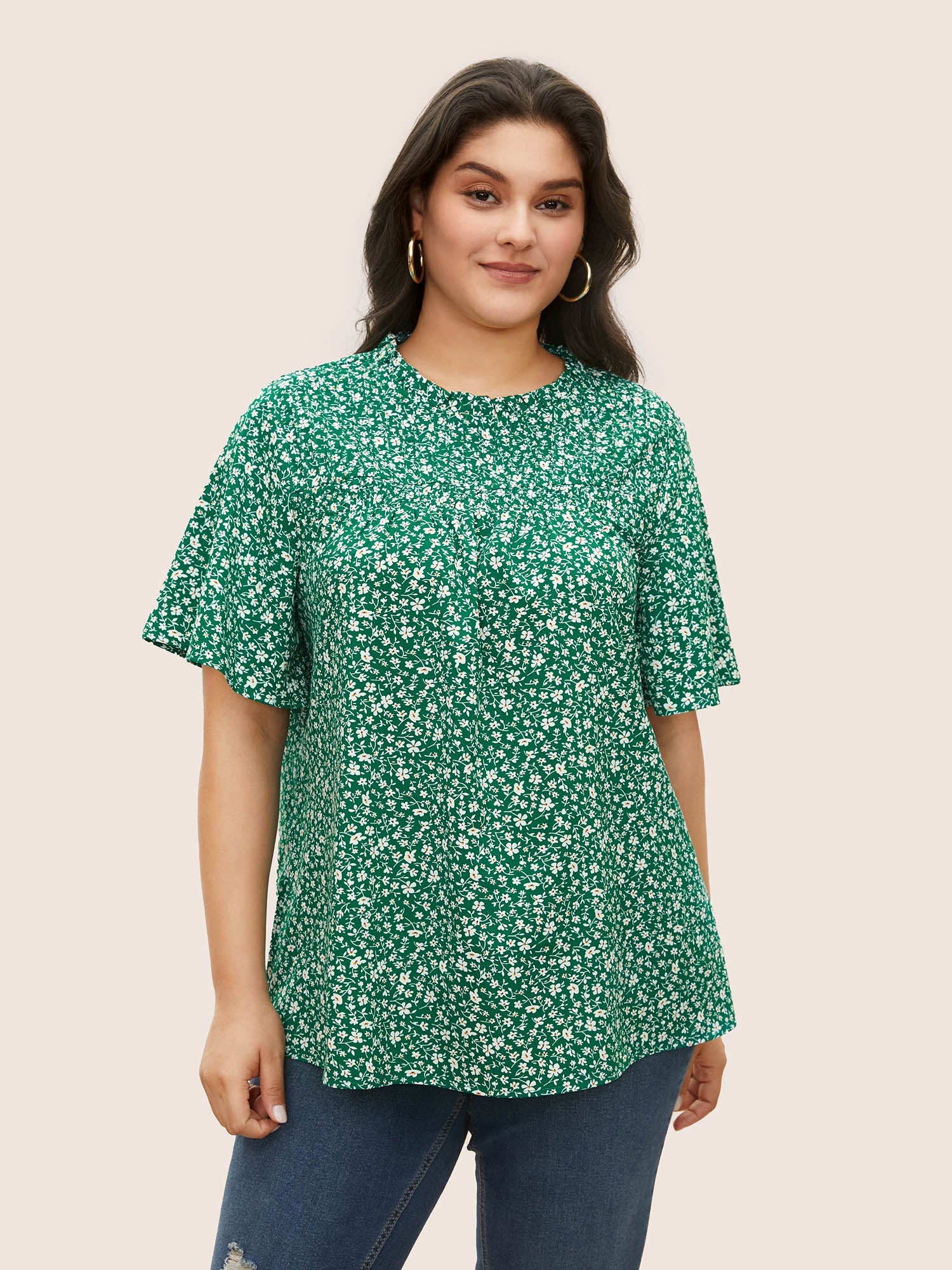 Ditsy Floral Plicated Detail Frill Trim Blouse