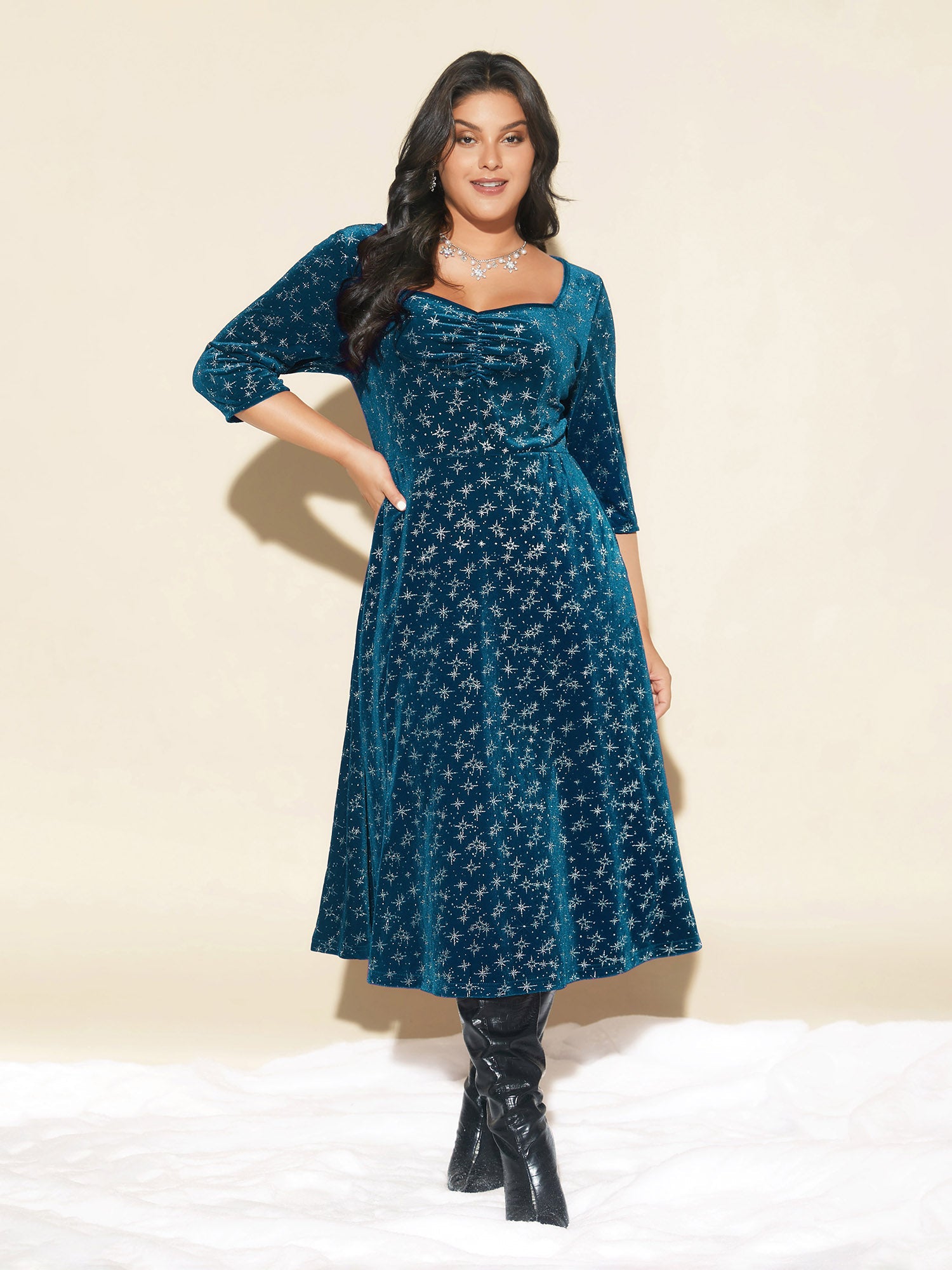 Embossed Velvet Sweetheart Neckline Midi Dress