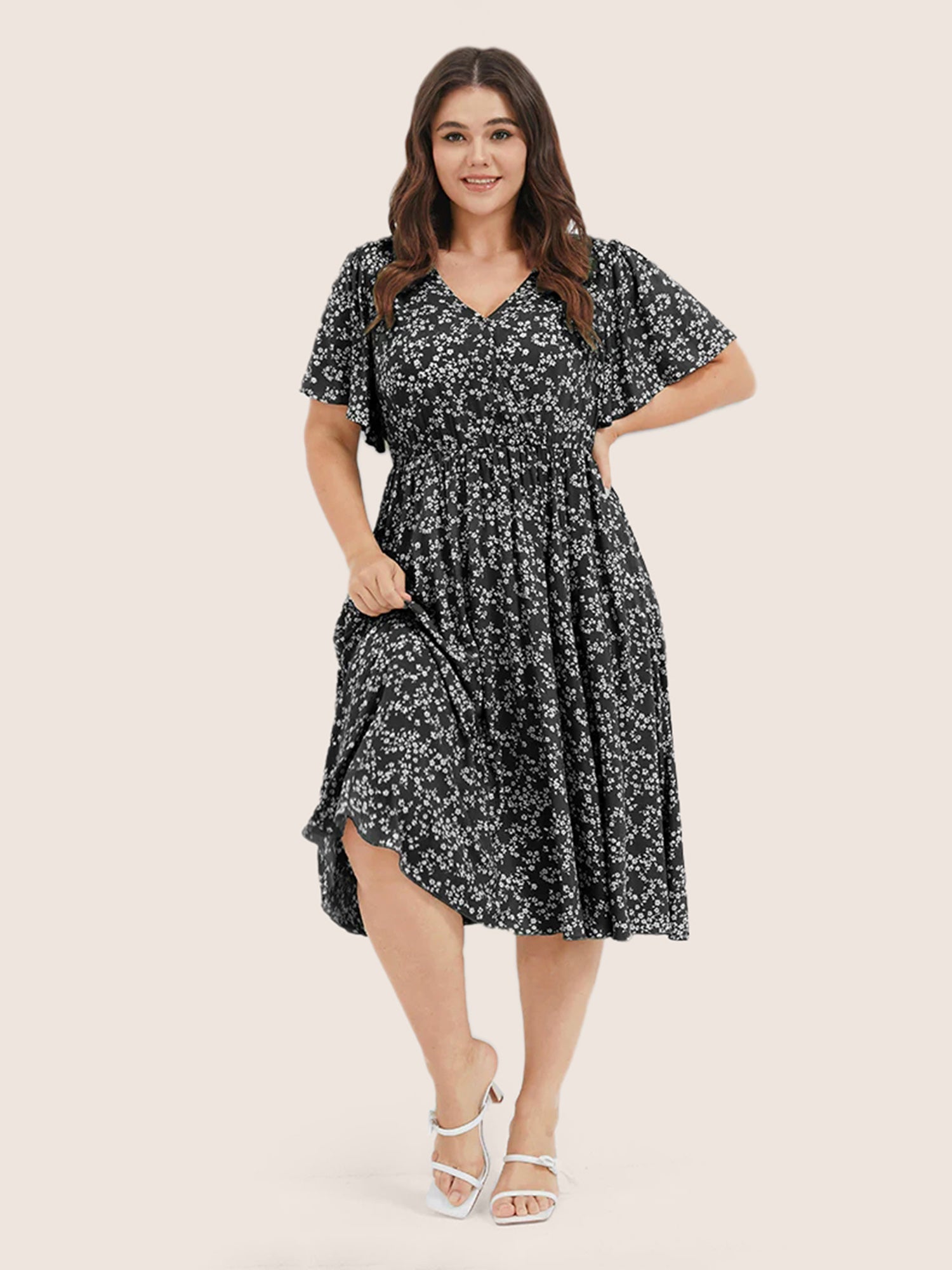 Bloom Dress - Ditsy Floral Elastic Waist Ruffles Pocket Knee Dress