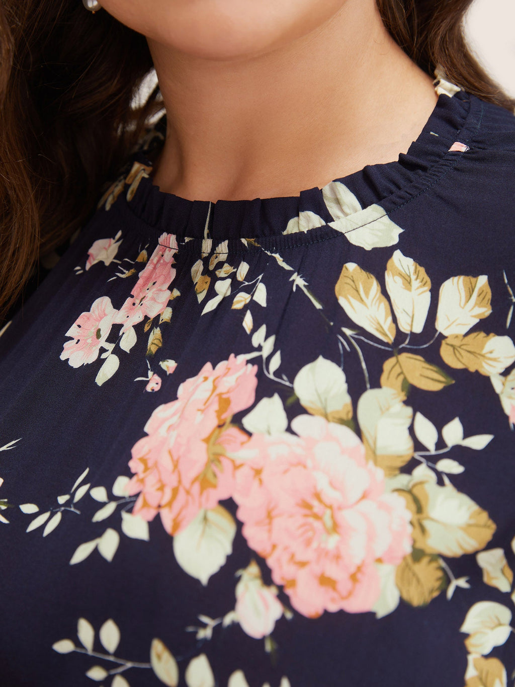 Floral Frill Trim Mock Neck Pocket Ruffle Belted Cap Sleeve Dress