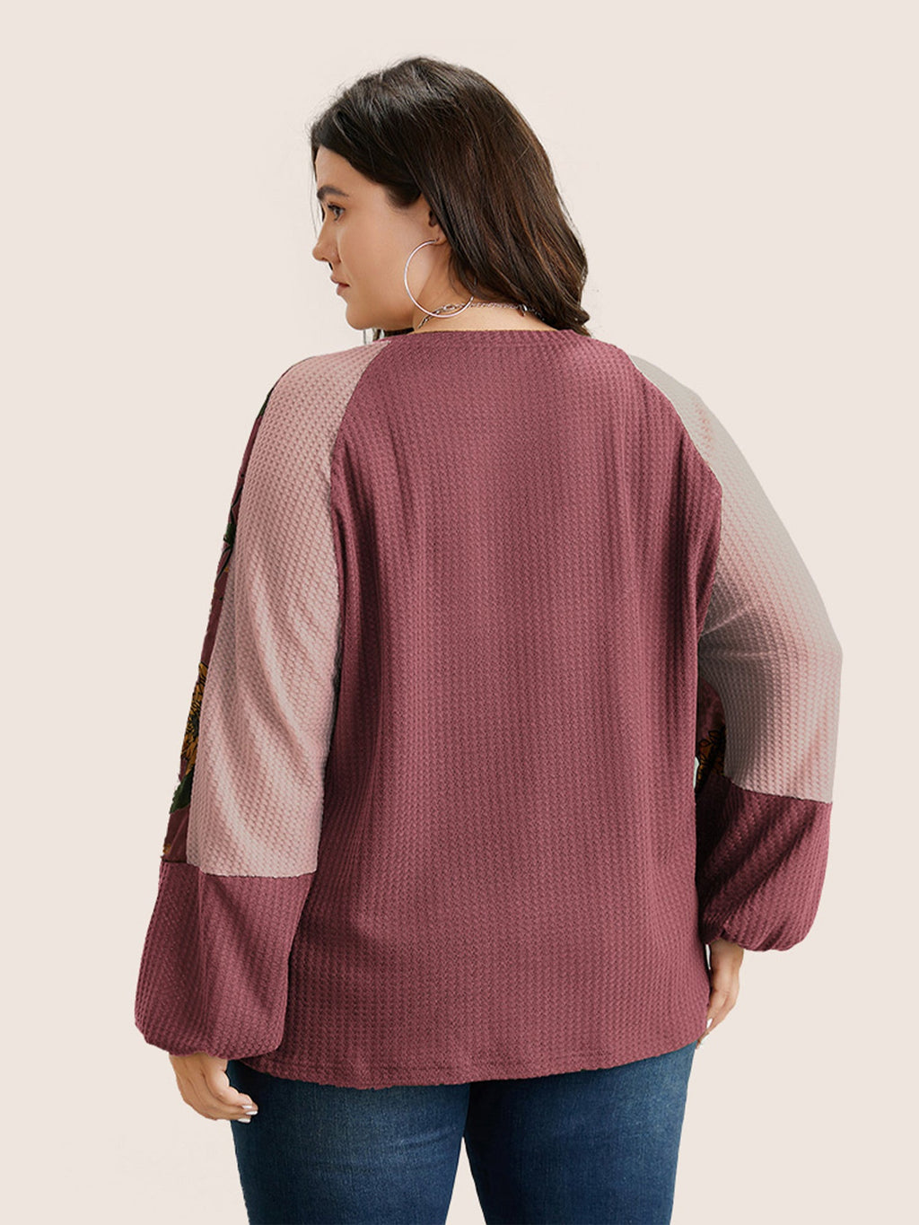 Waffle Knit Patchwork Floral Print T-shirt