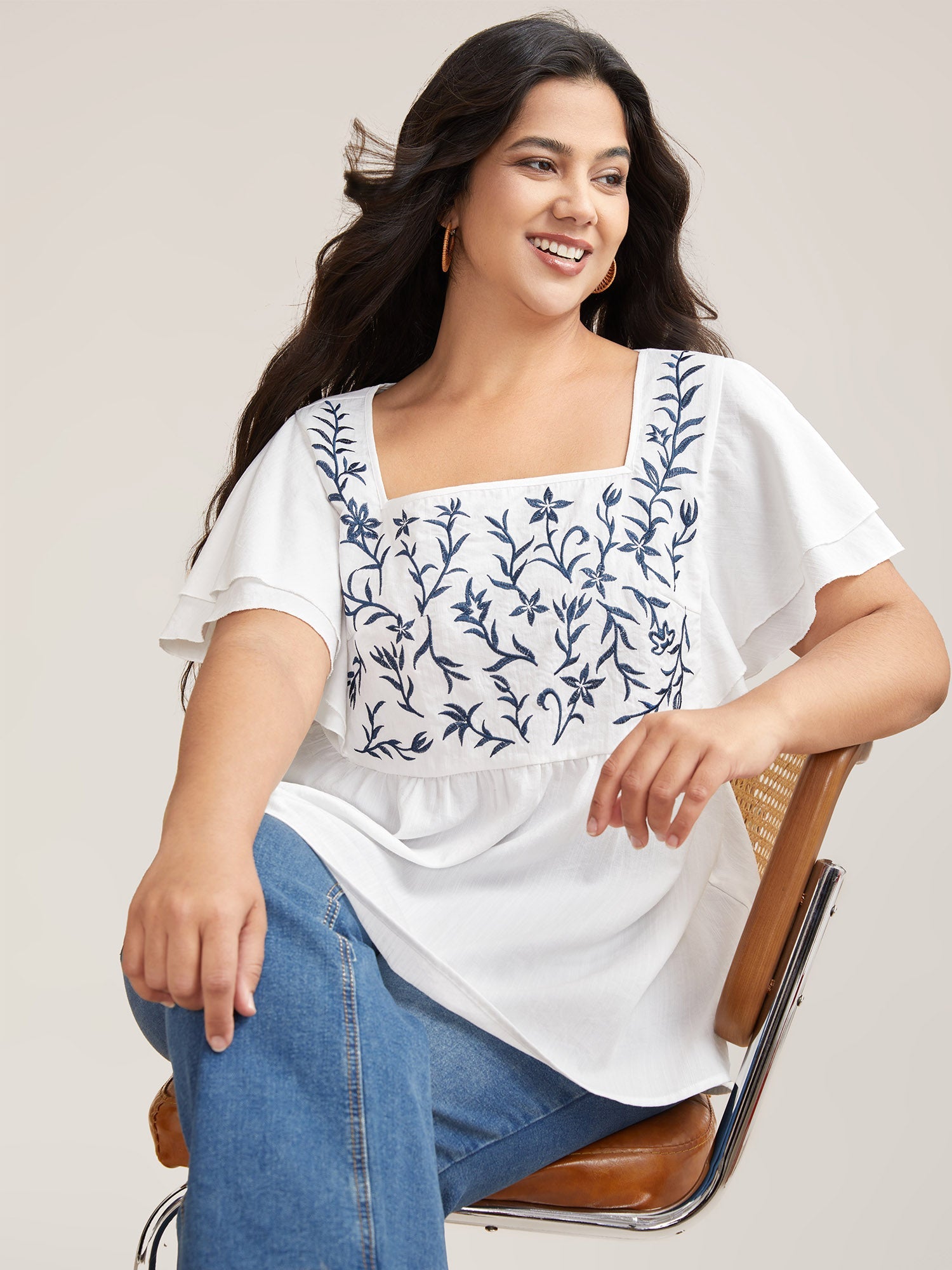 Embroidered Layered Flutter Sleeve Blouse